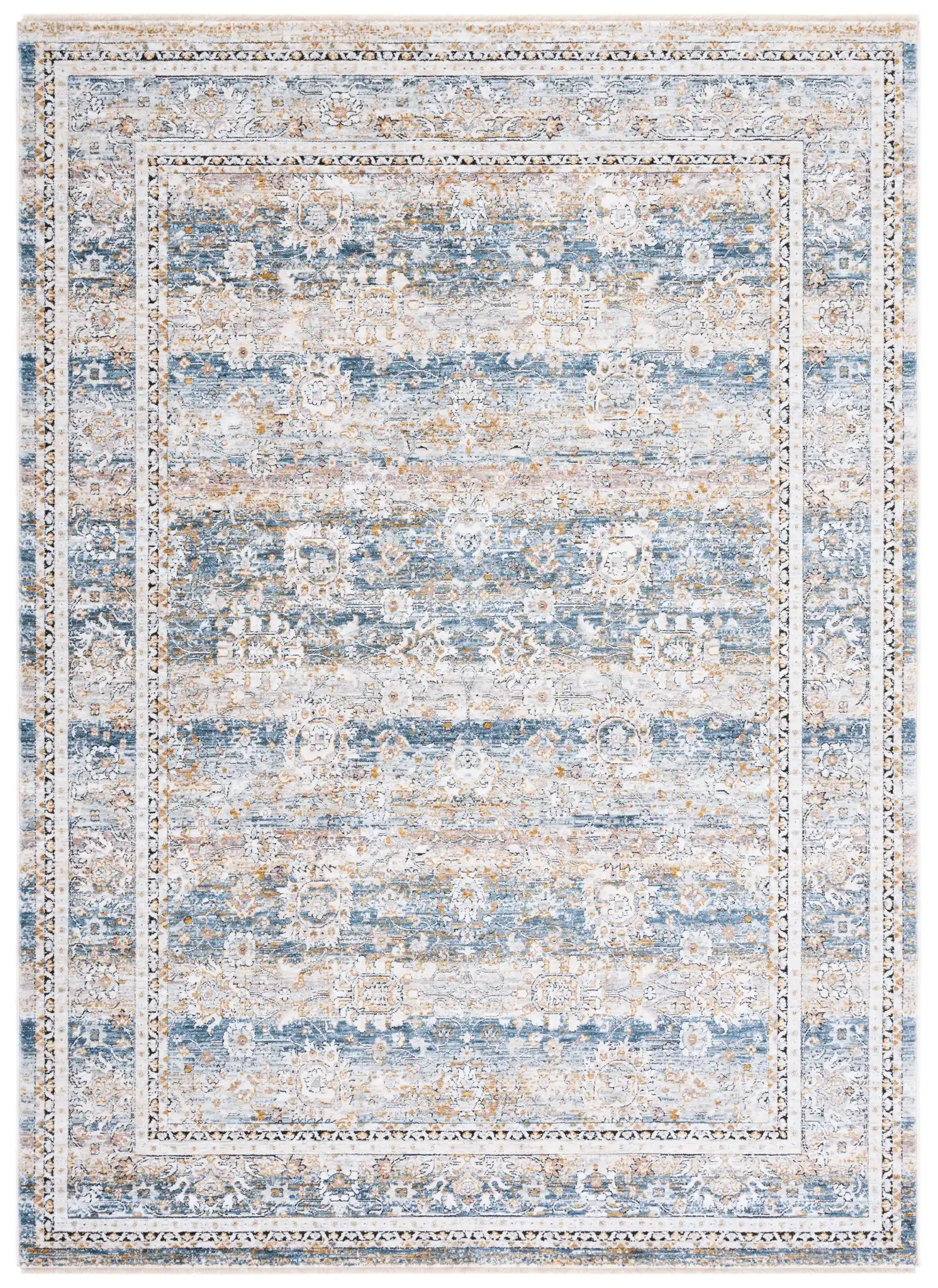 Moondust Distressed Banded Floral Rug in Blue / Gray
