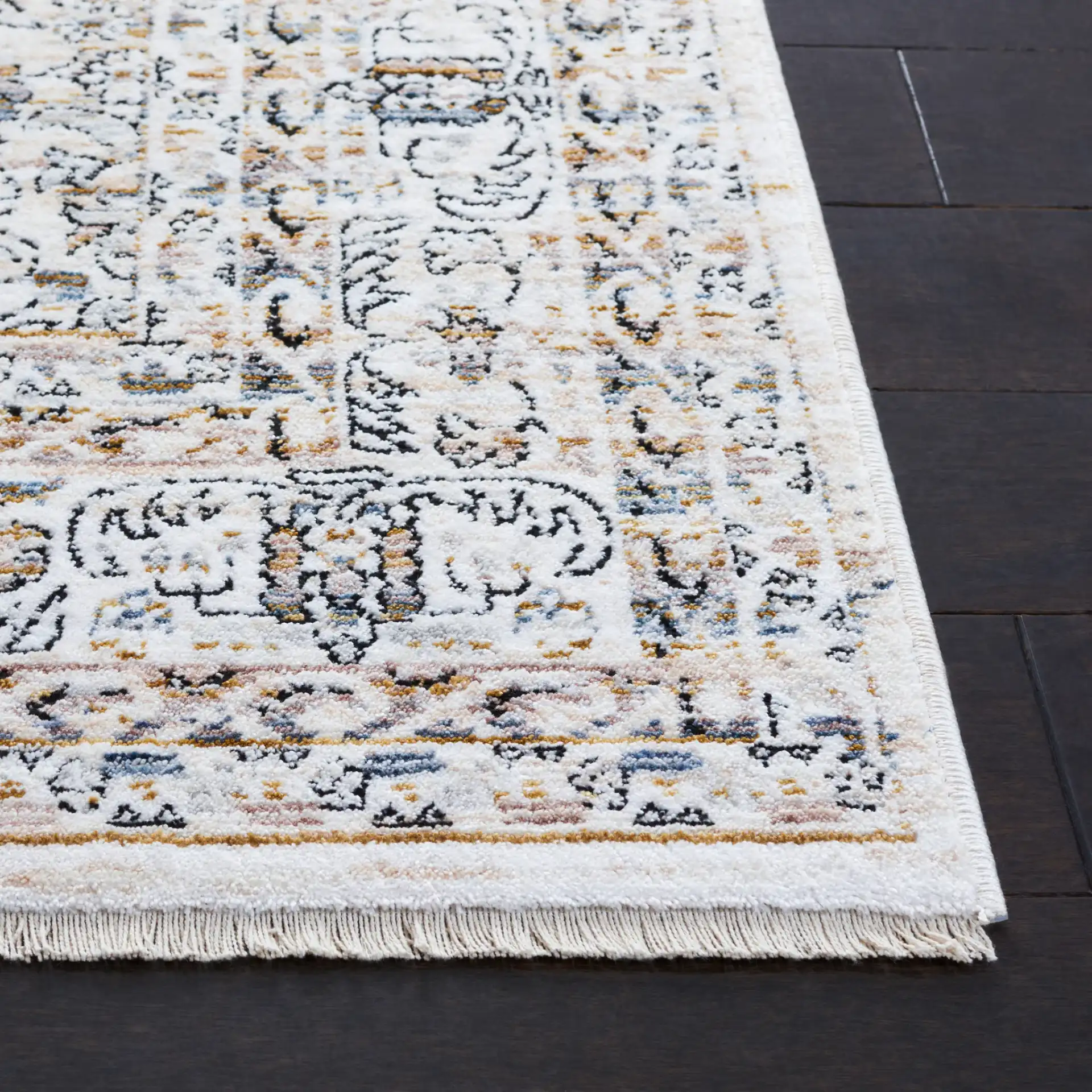Moondust Bordered Floral Rug in Ivory / Gray in a styled room