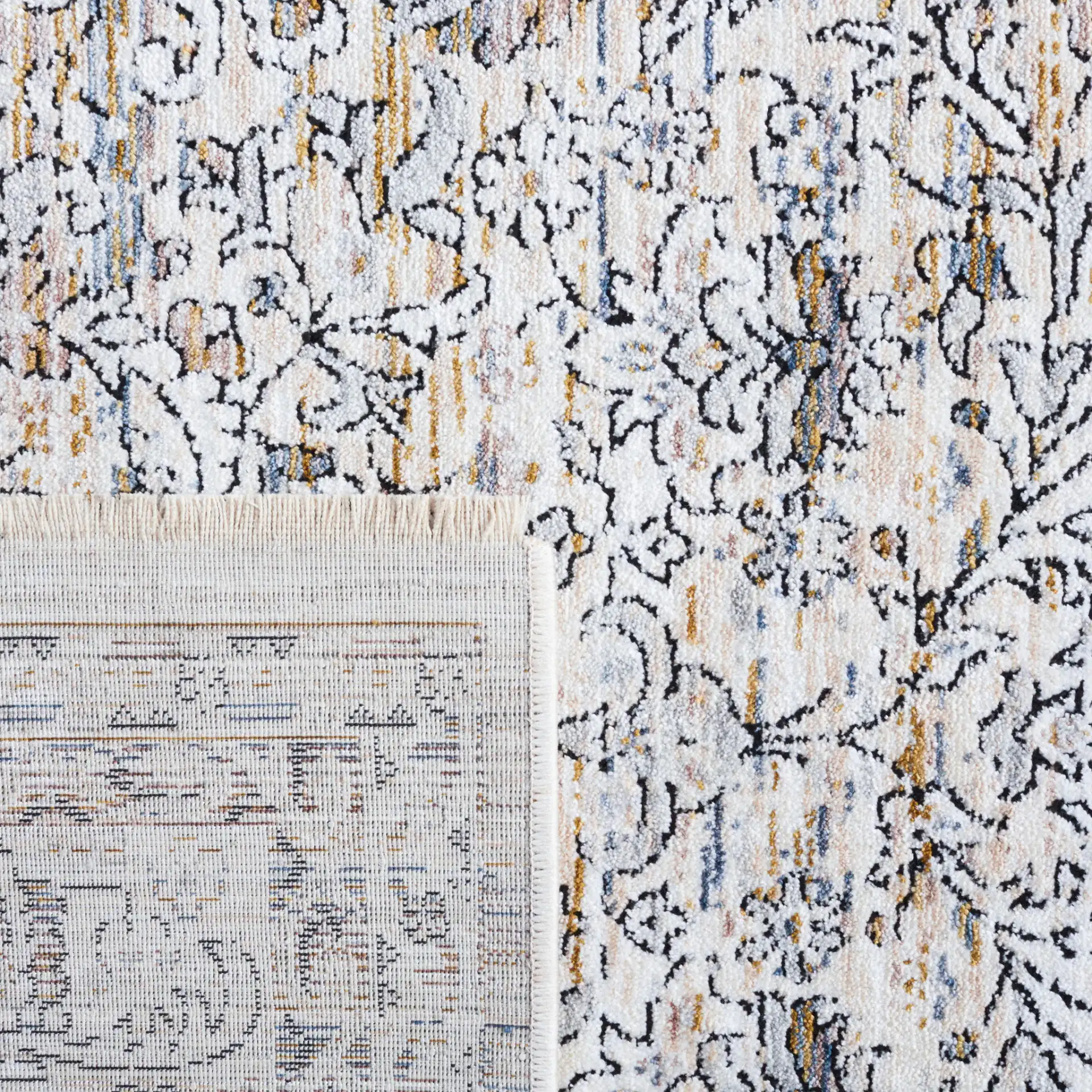 Moondust Bordered Floral Rug in Ivory / Gray in a styled room