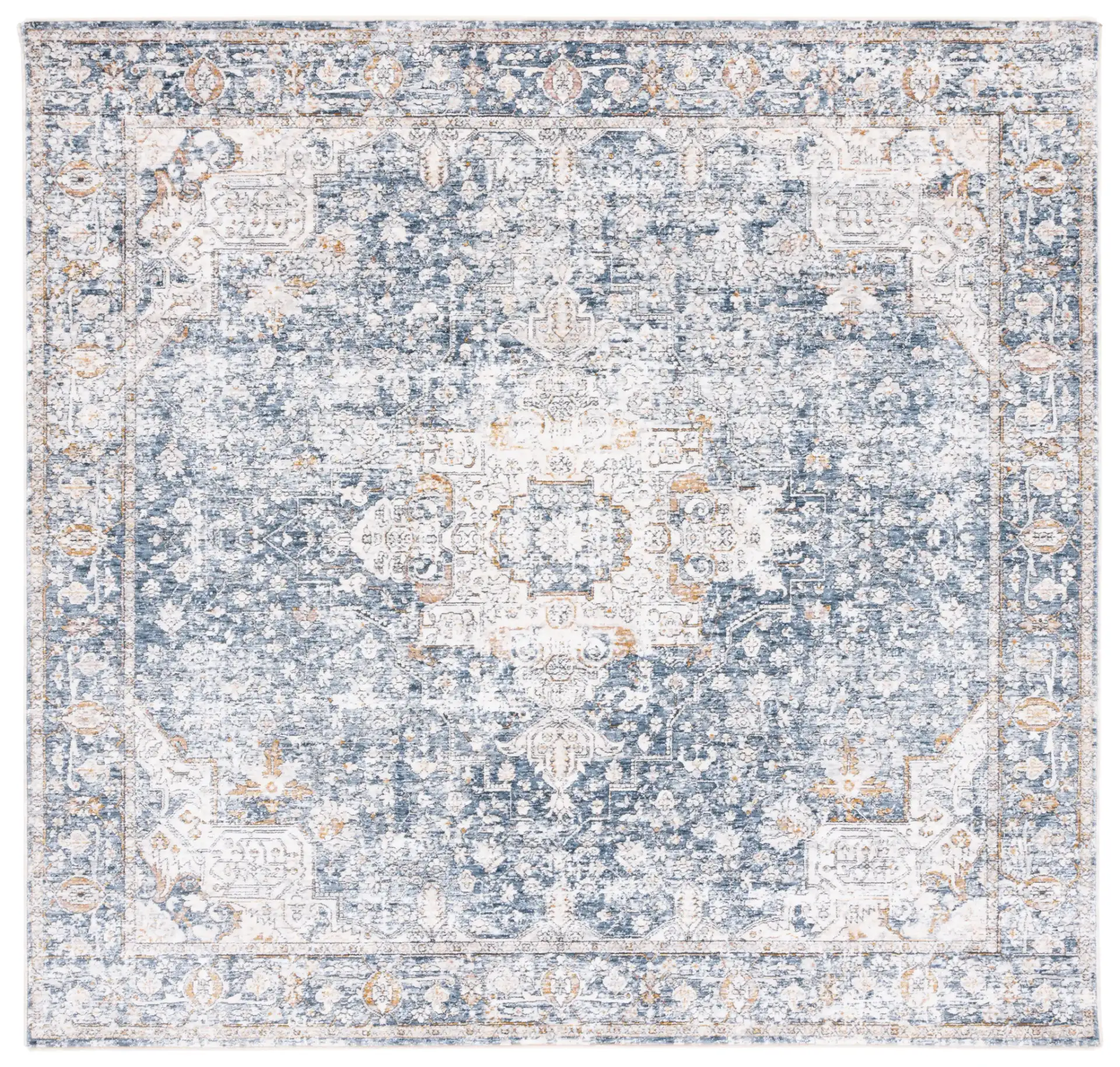 Moondust Distressed Traditional Medallion Rug in Ivory / Blue