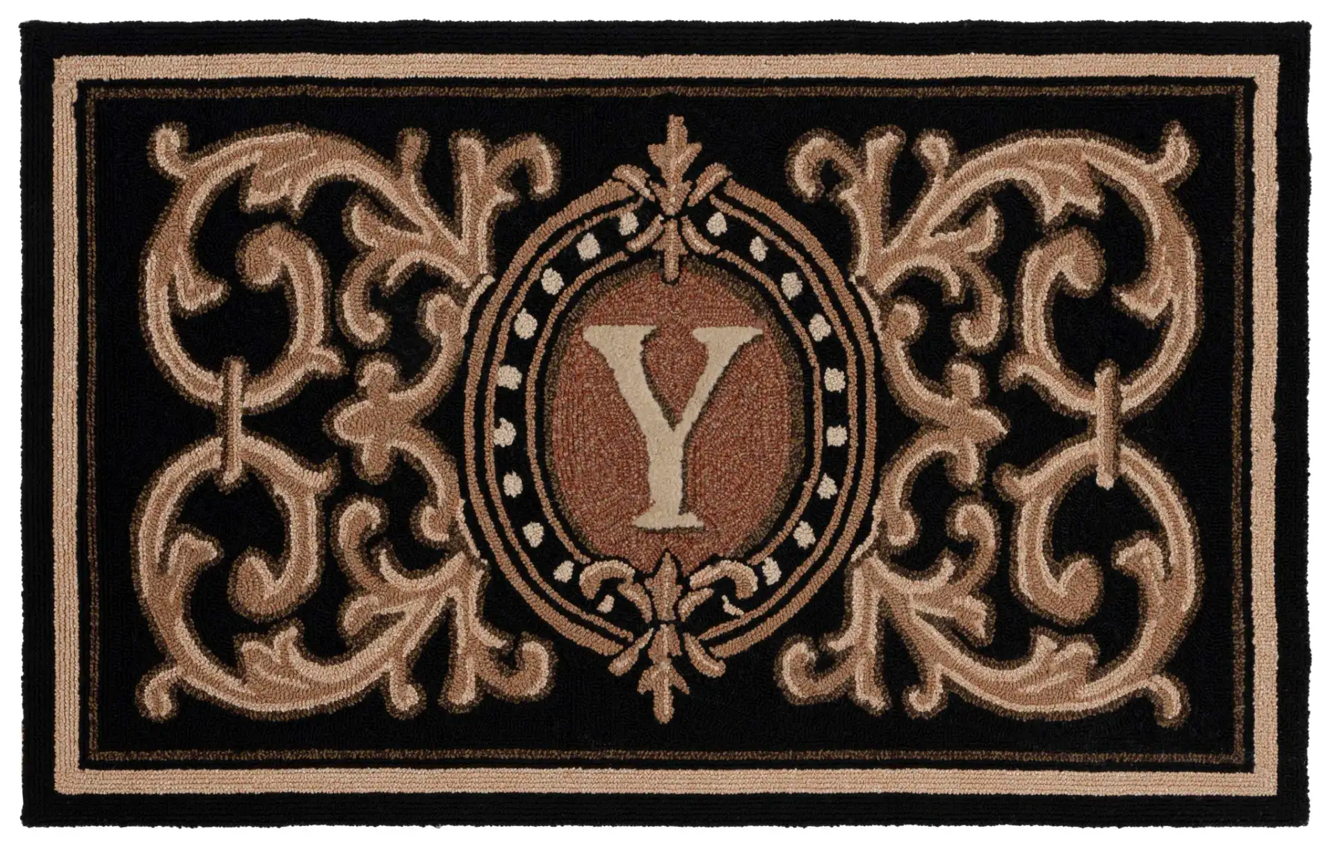 Monogram Berkeley Scrollwork Hand-Hooked Outdoor Rug in Black, detail view