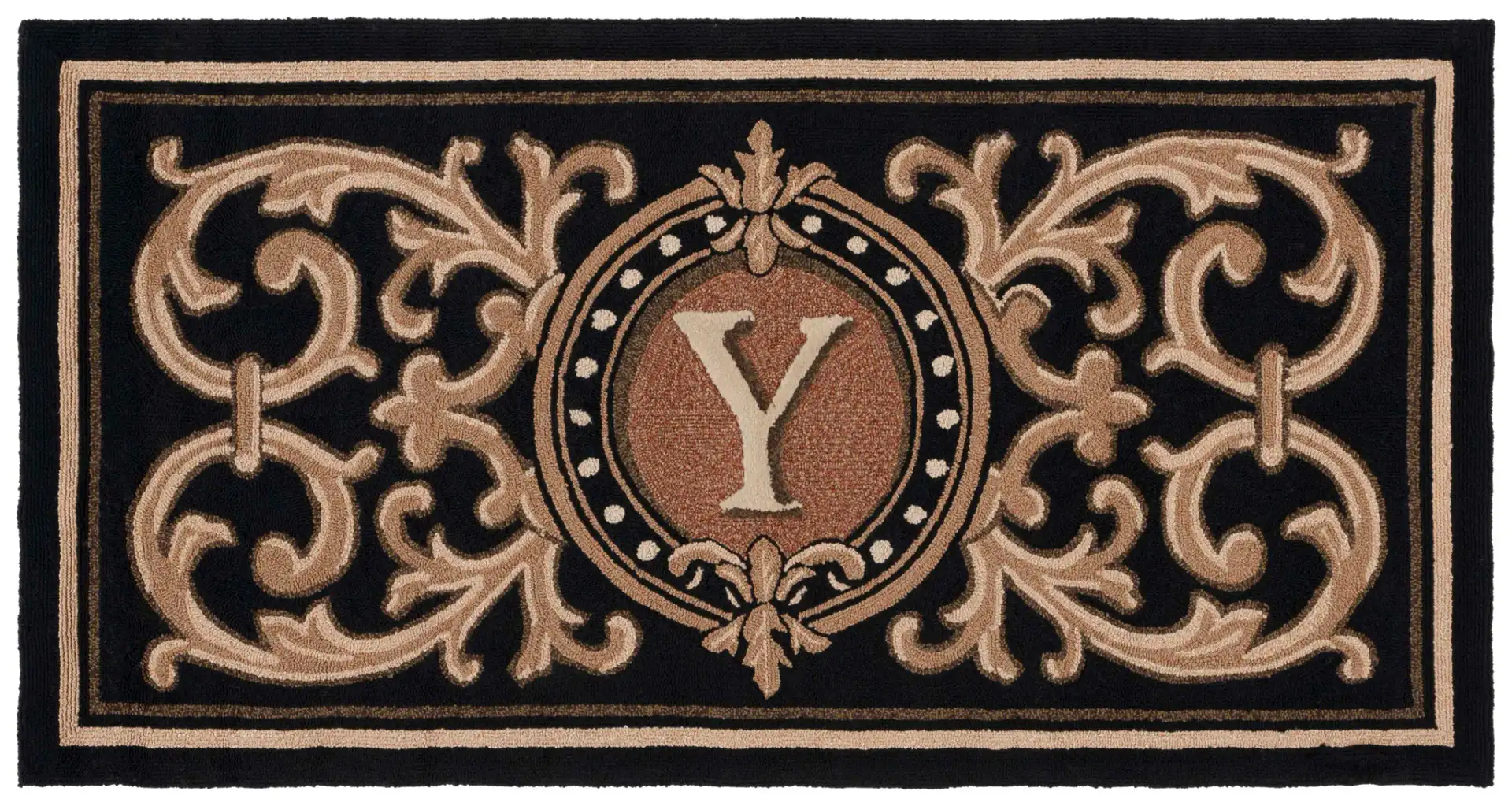 Monogram Berkeley Scrollwork Hand-Hooked Outdoor Rug in Black