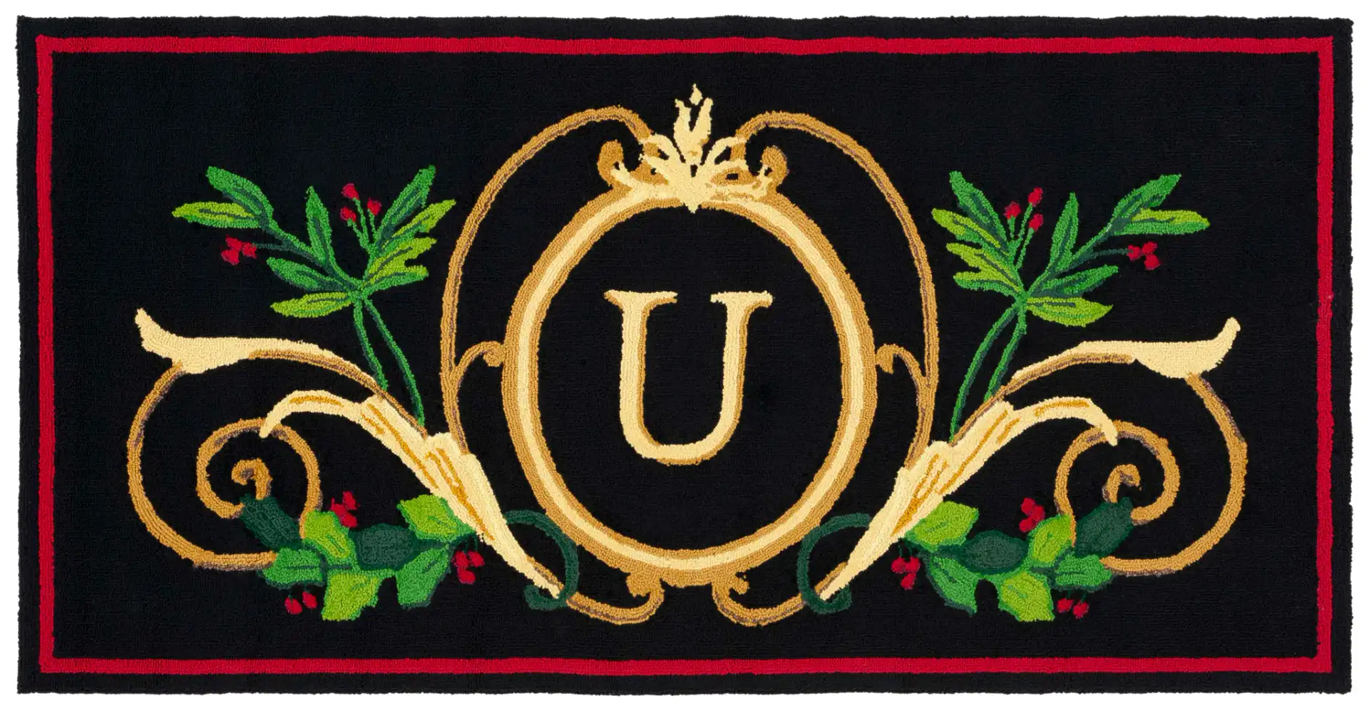 Monogram Crest Hand-Hooked Outdoor Rug in Black / Multicolor