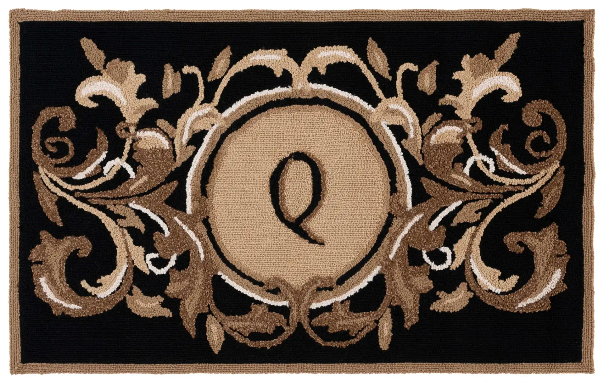 Monogram Leafy Initial Hand-Hooked Outdoor Rug in Black / Brown