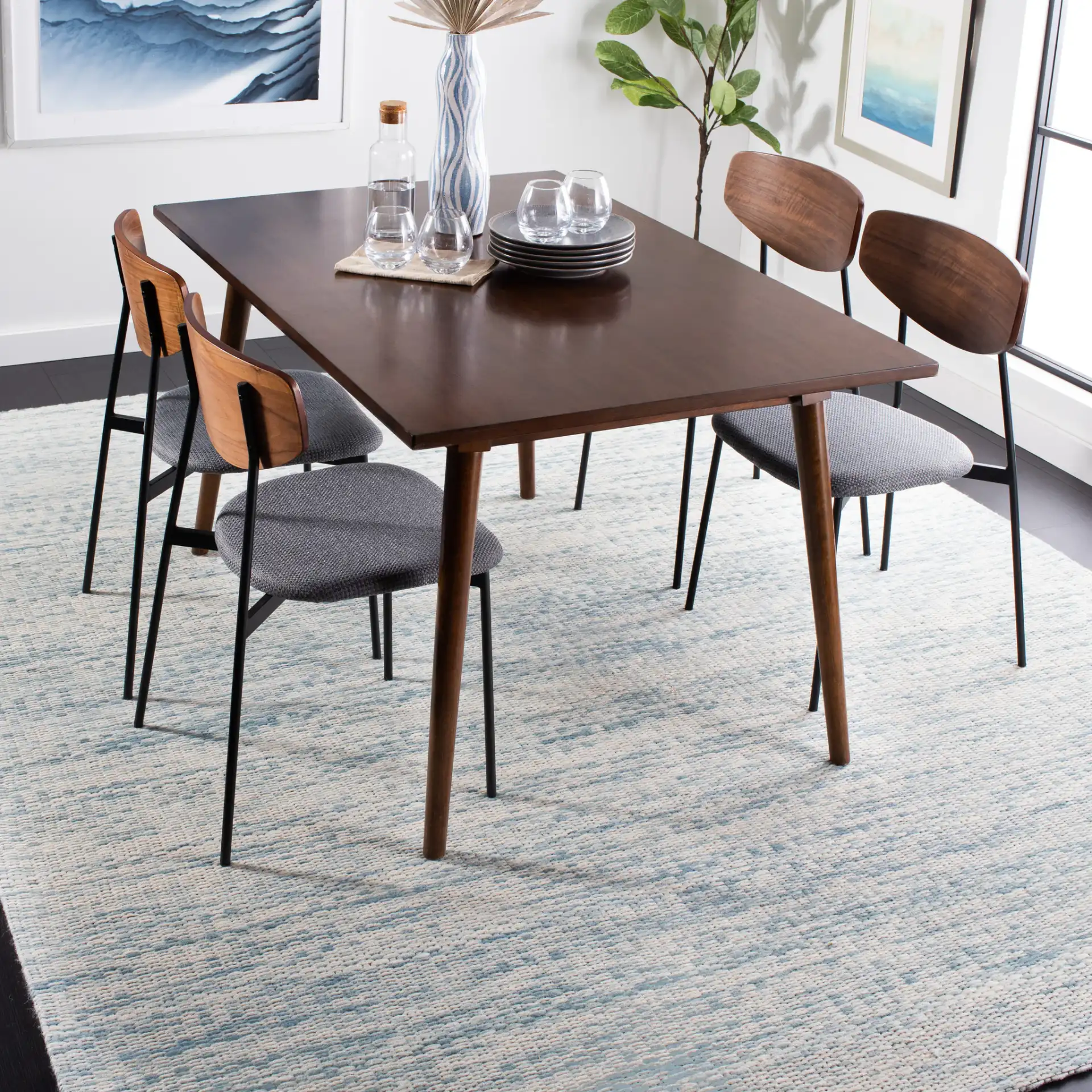 Marbella Striated Hand-Woven Wool Rug in Blue / Ivory in a styled room