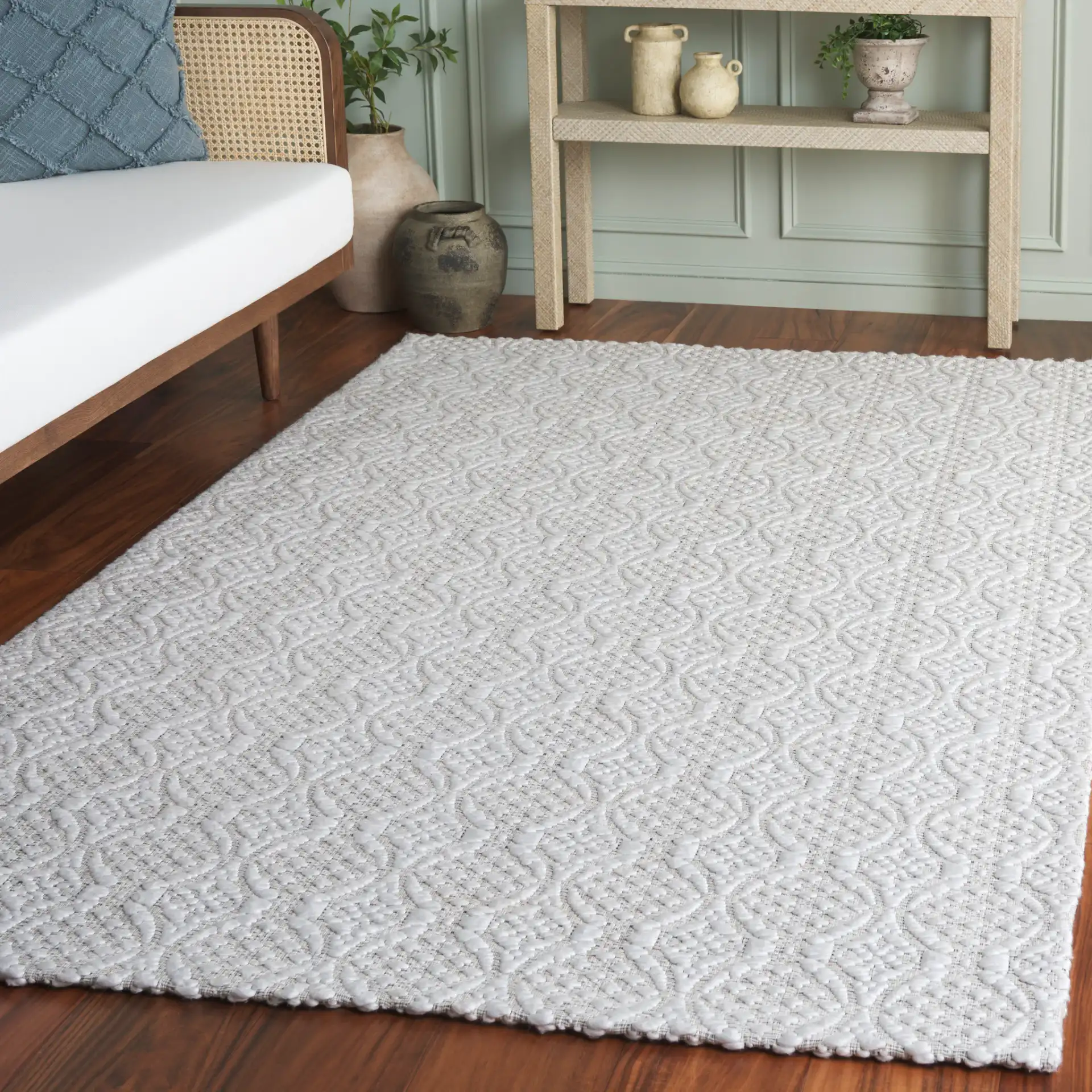 Marbella Interlocking Circles Hand-Woven Rug in Ivory in a styled room