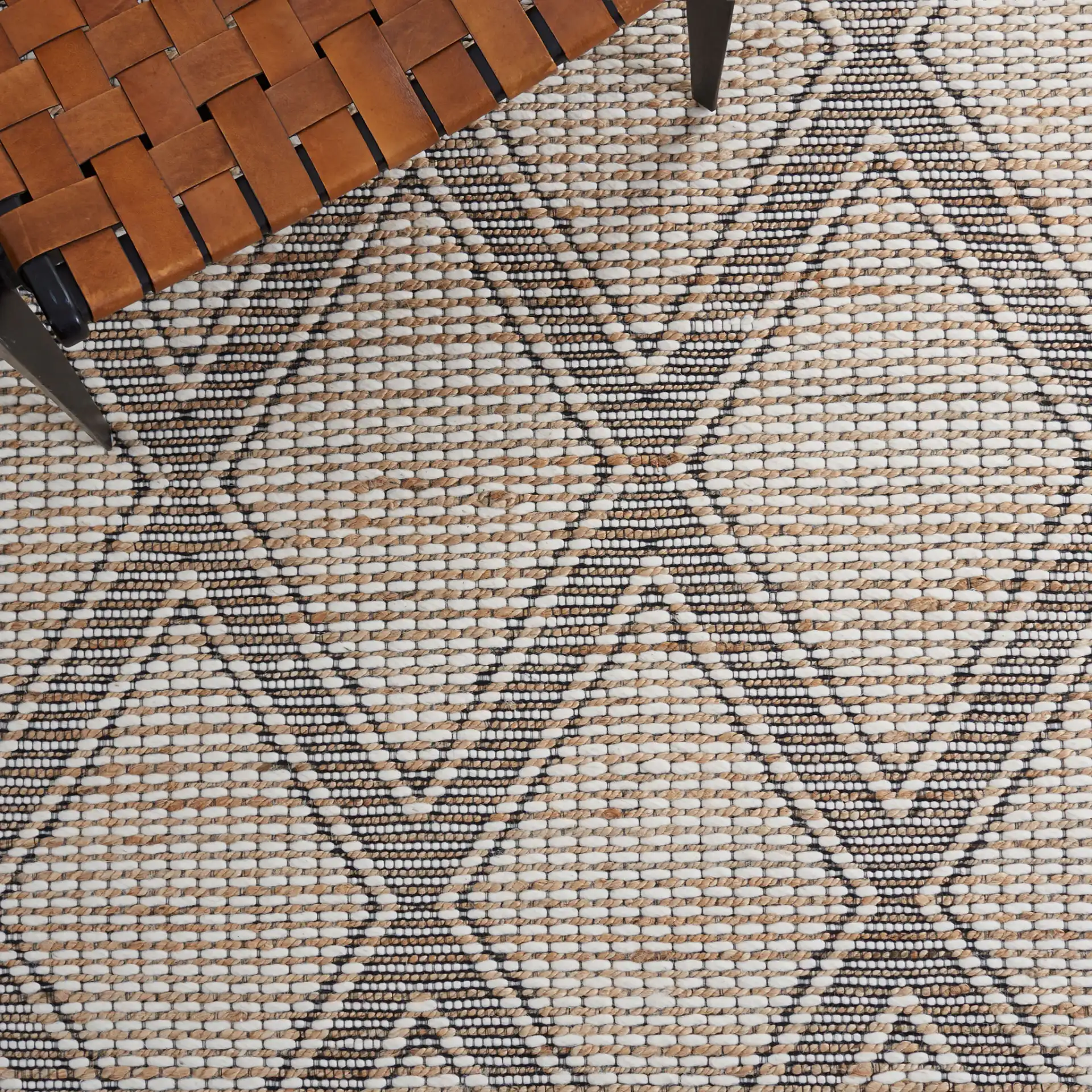 Marbella Modern Trellis Hand-Loomed Rug in Natural / Ivory in a styled room