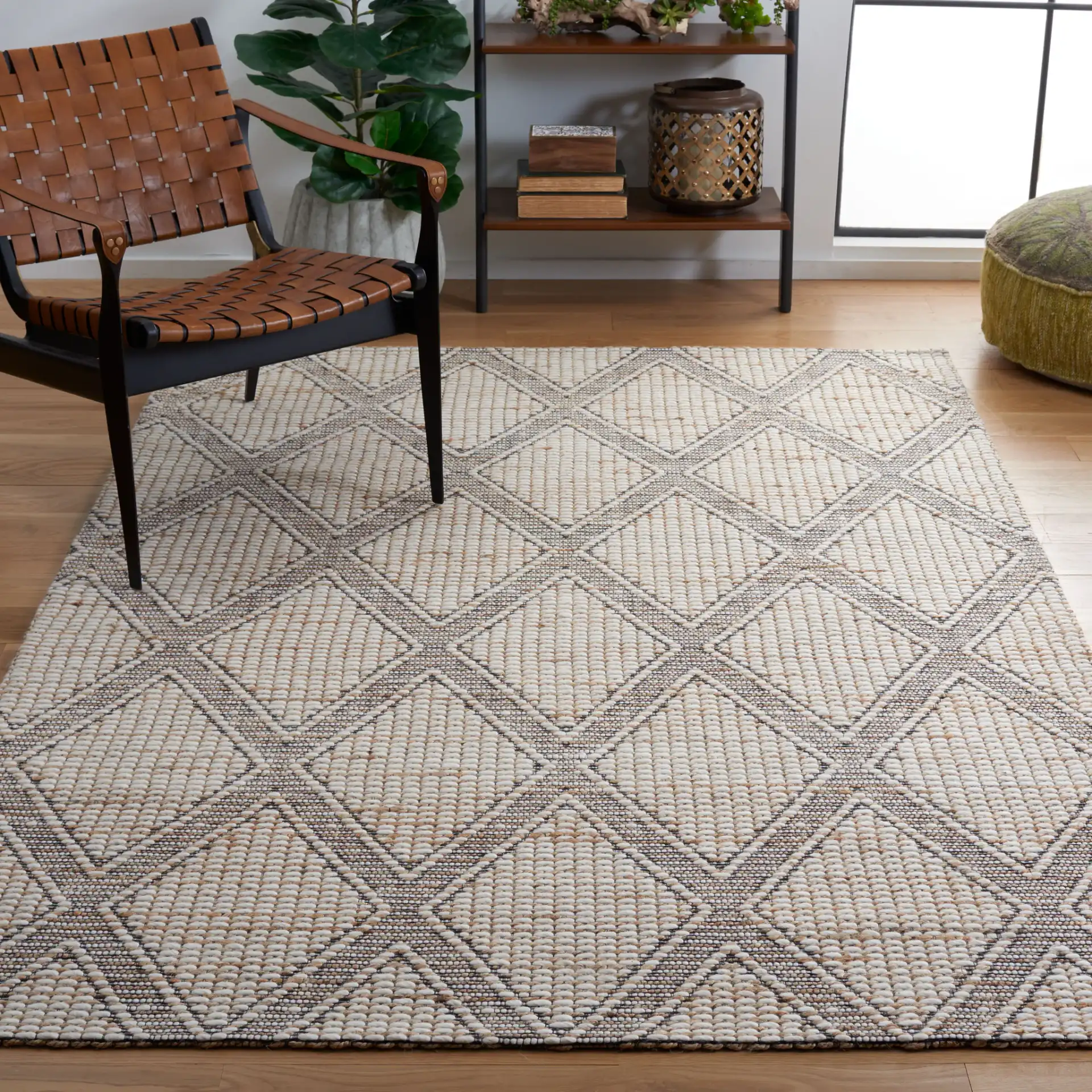 Marbella Modern Trellis Hand-Loomed Rug in Natural / Ivory in a styled room