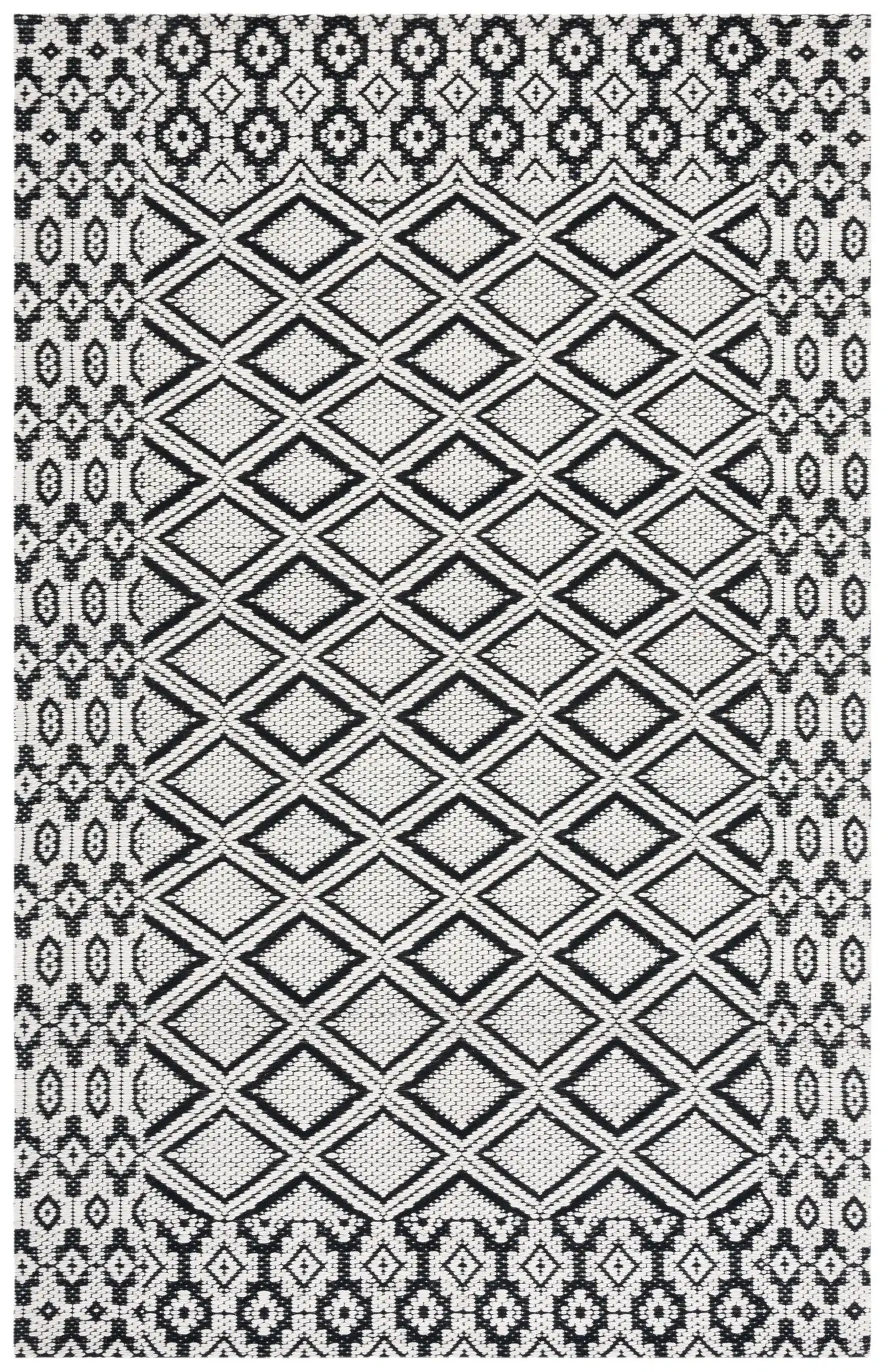 Marbella Diamond Border Hand-Woven Wool Rug in Ivory / Black