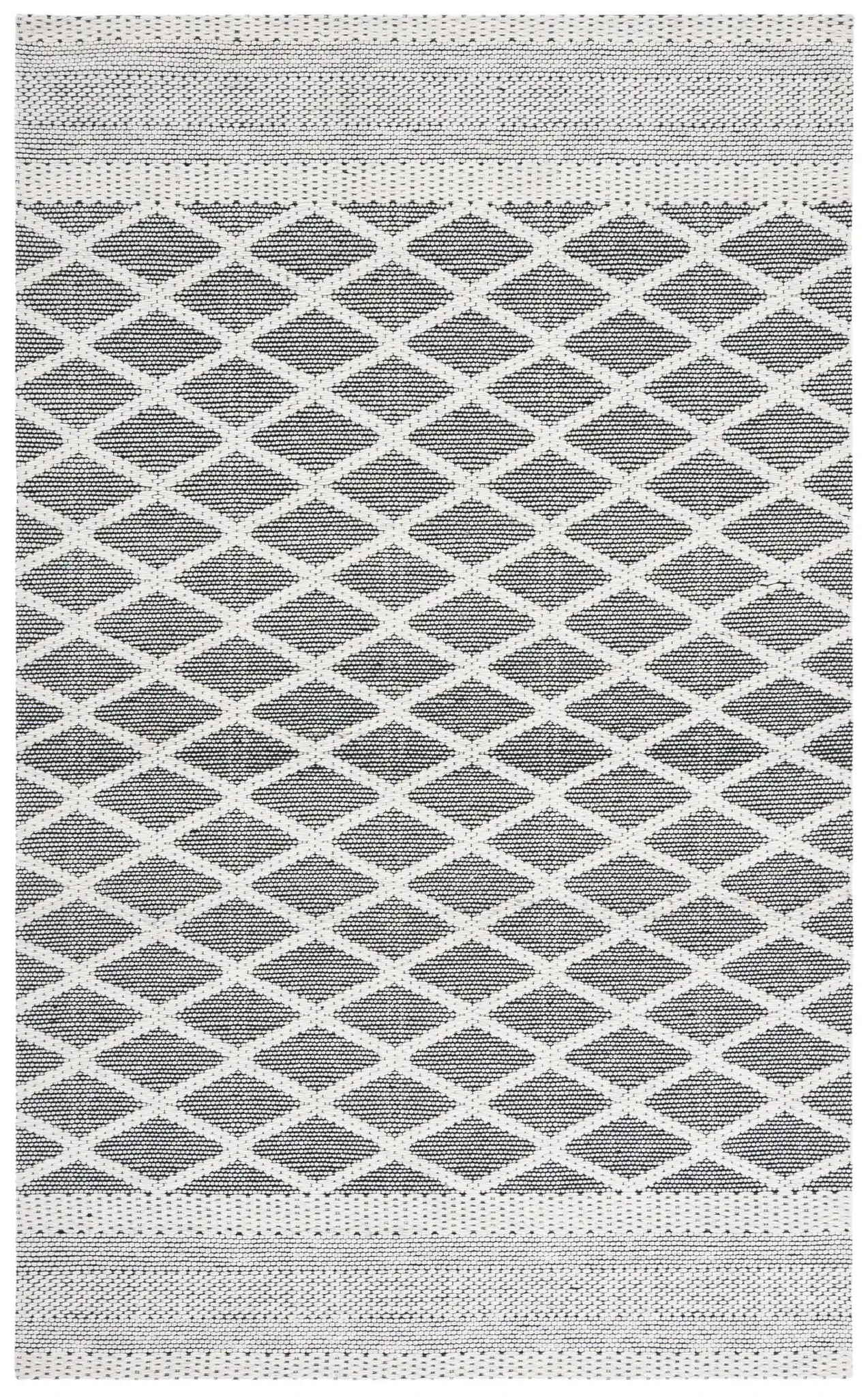 Marbella Banded Diamond Lattice Hand-Woven Wool Rug in Ivory / Black