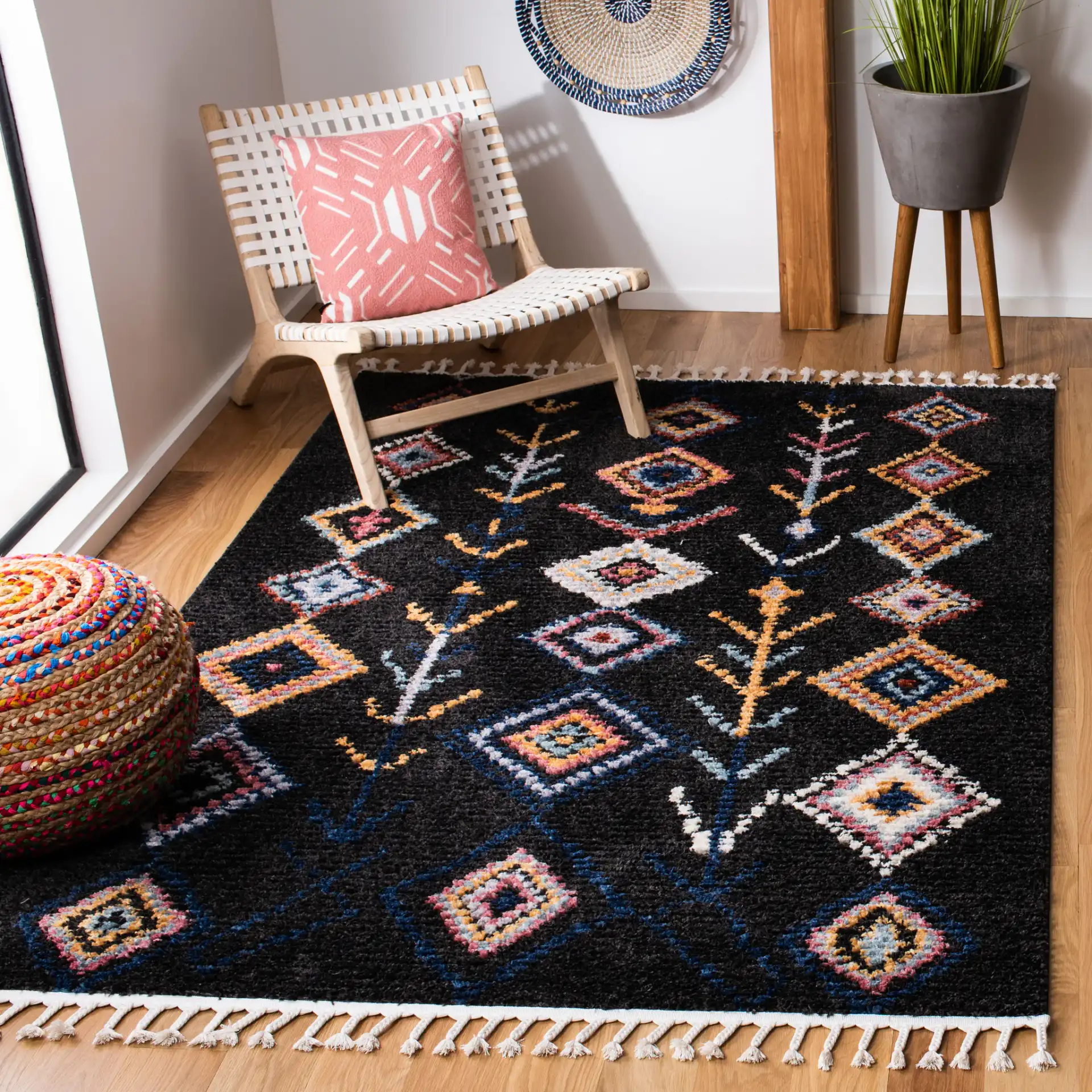 Morocco Diamond Column Shag Rug in Black / Navy in a styled room