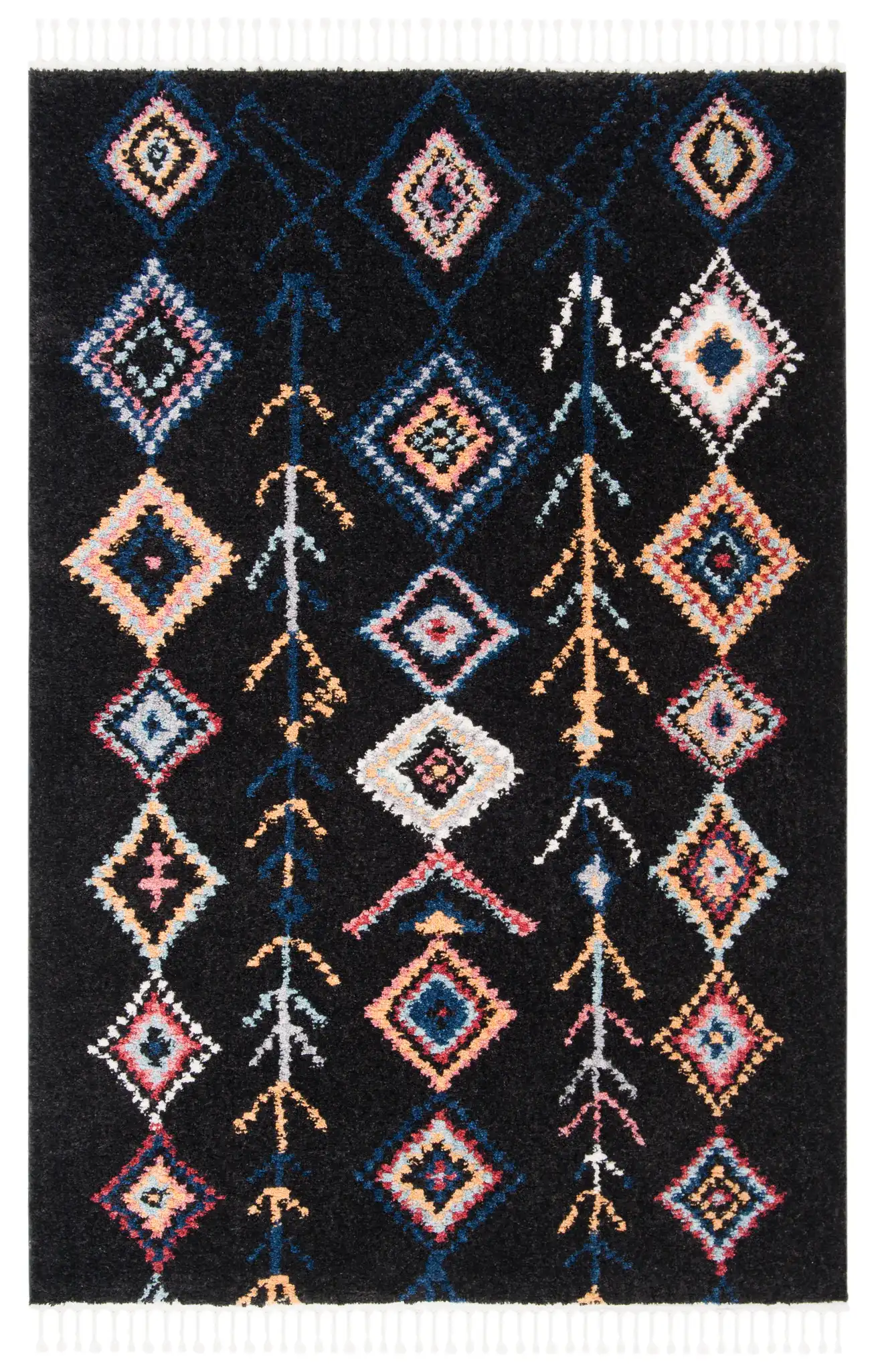 Morocco Diamond Column Shag Rug in Black / Navy, detail view
