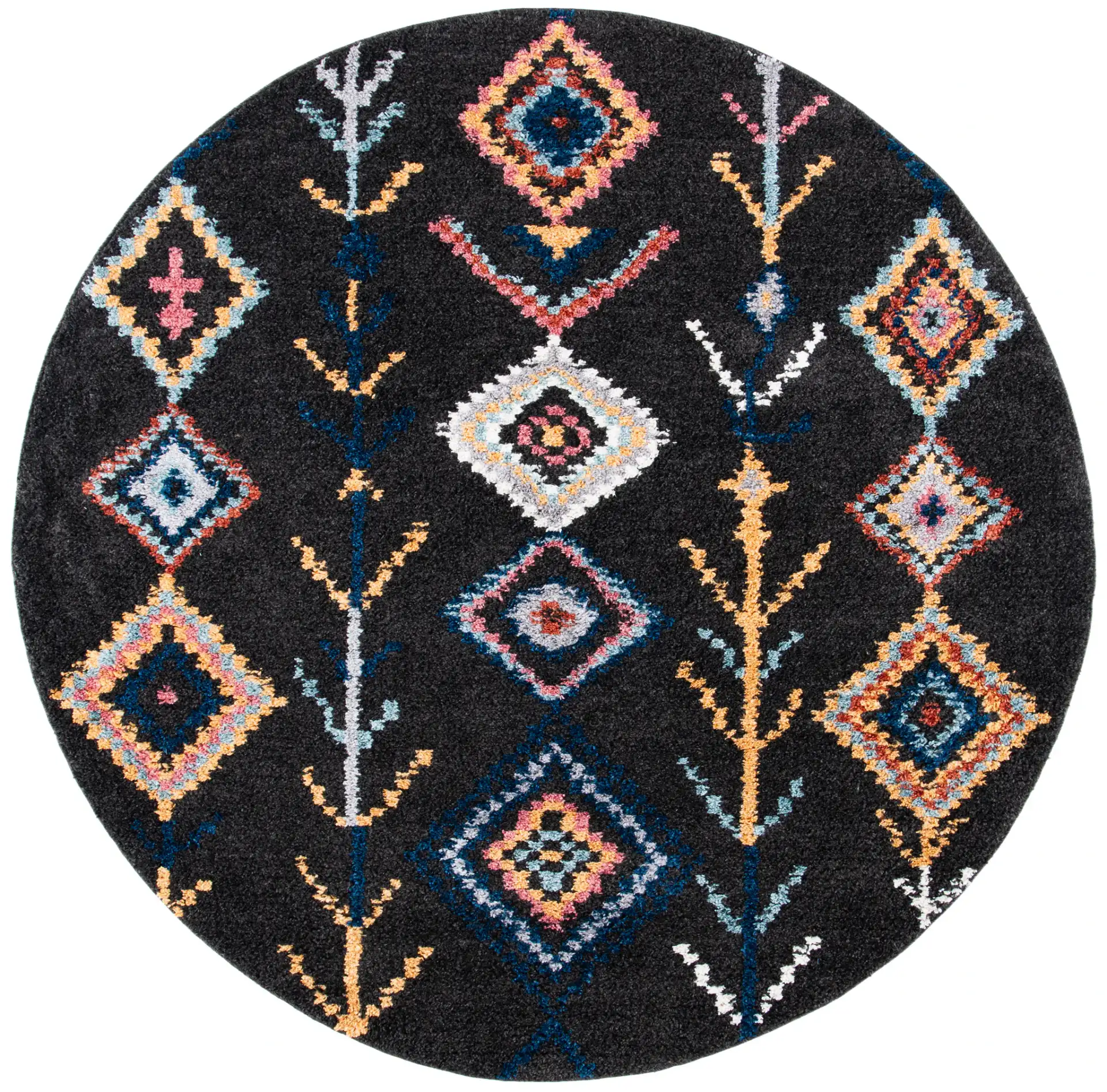 Morocco Diamond Column Shag Rug in Black / Navy, detail view