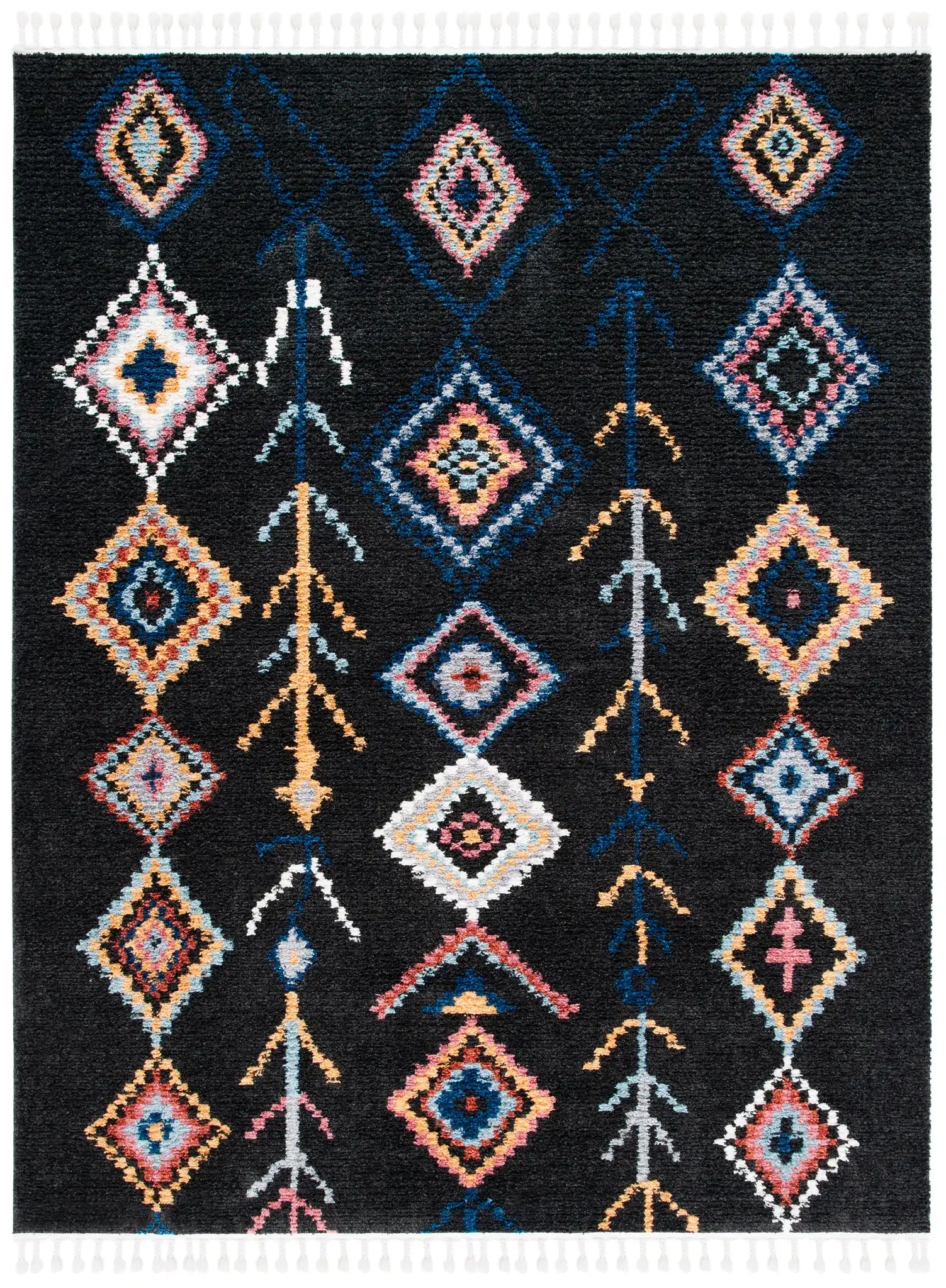 Morocco Diamond Column Shag Rug in Black / Navy, detail view