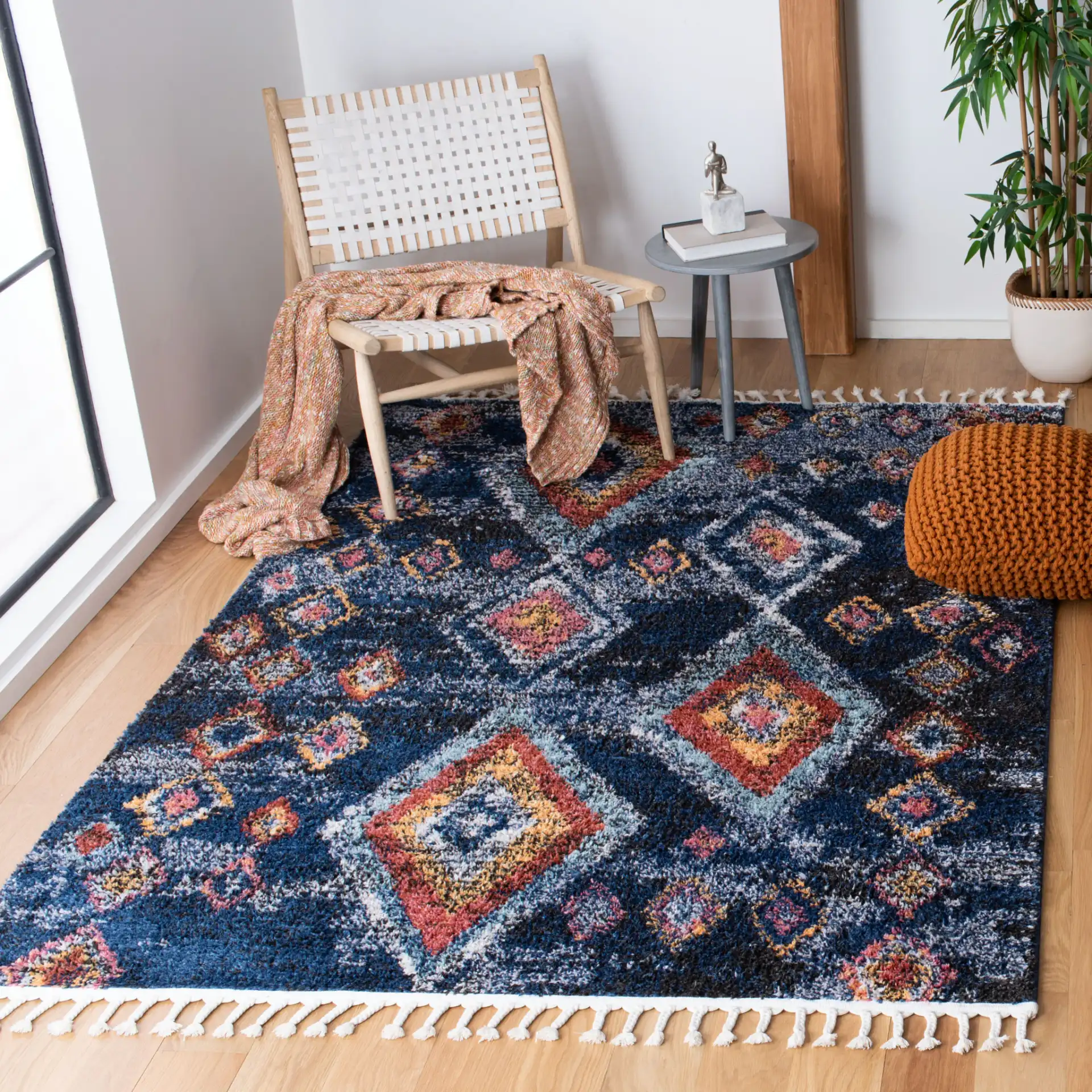 Morocco Nested Diamond Shag Rug in Navy / Multicolor in a styled room