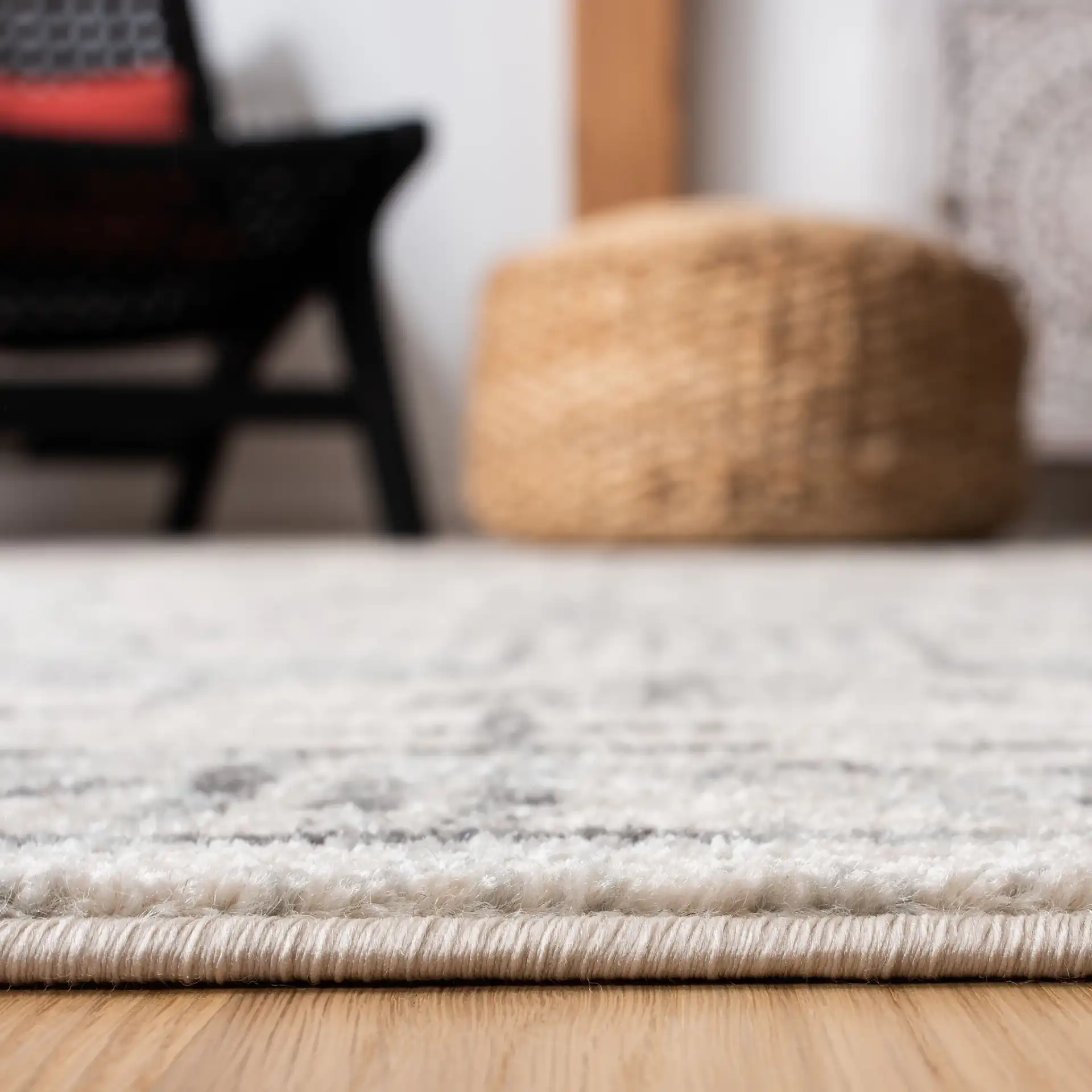 Mercer Banded Tribal Rug in Ivory / Gray in a styled room