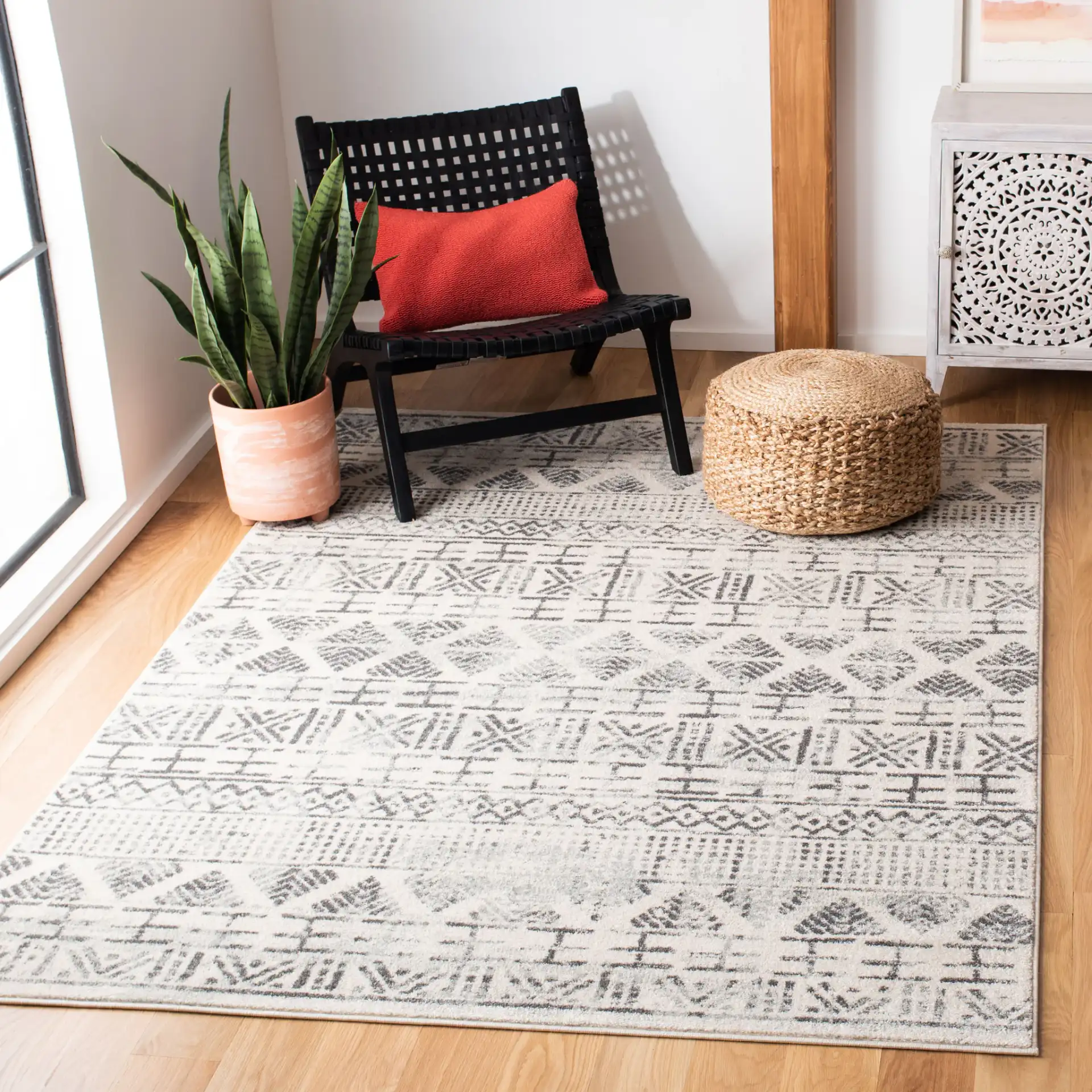 Mercer Banded Tribal Rug in Ivory / Gray in a styled room
