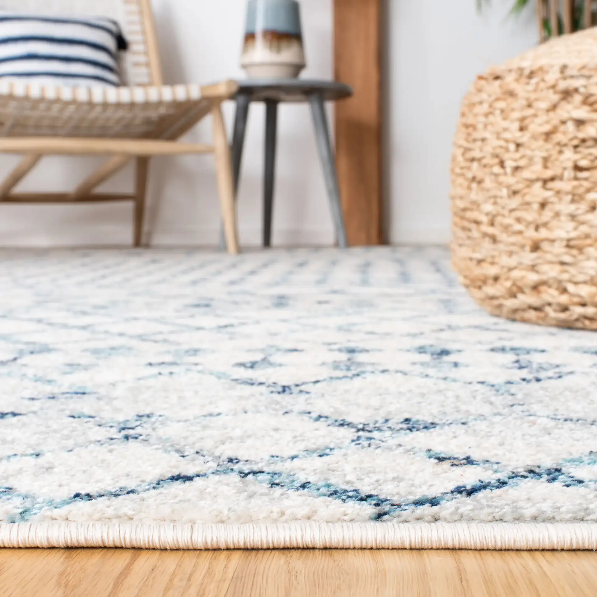 Mercer Lattice Band Rug in Ivory / Turquoise in a styled room