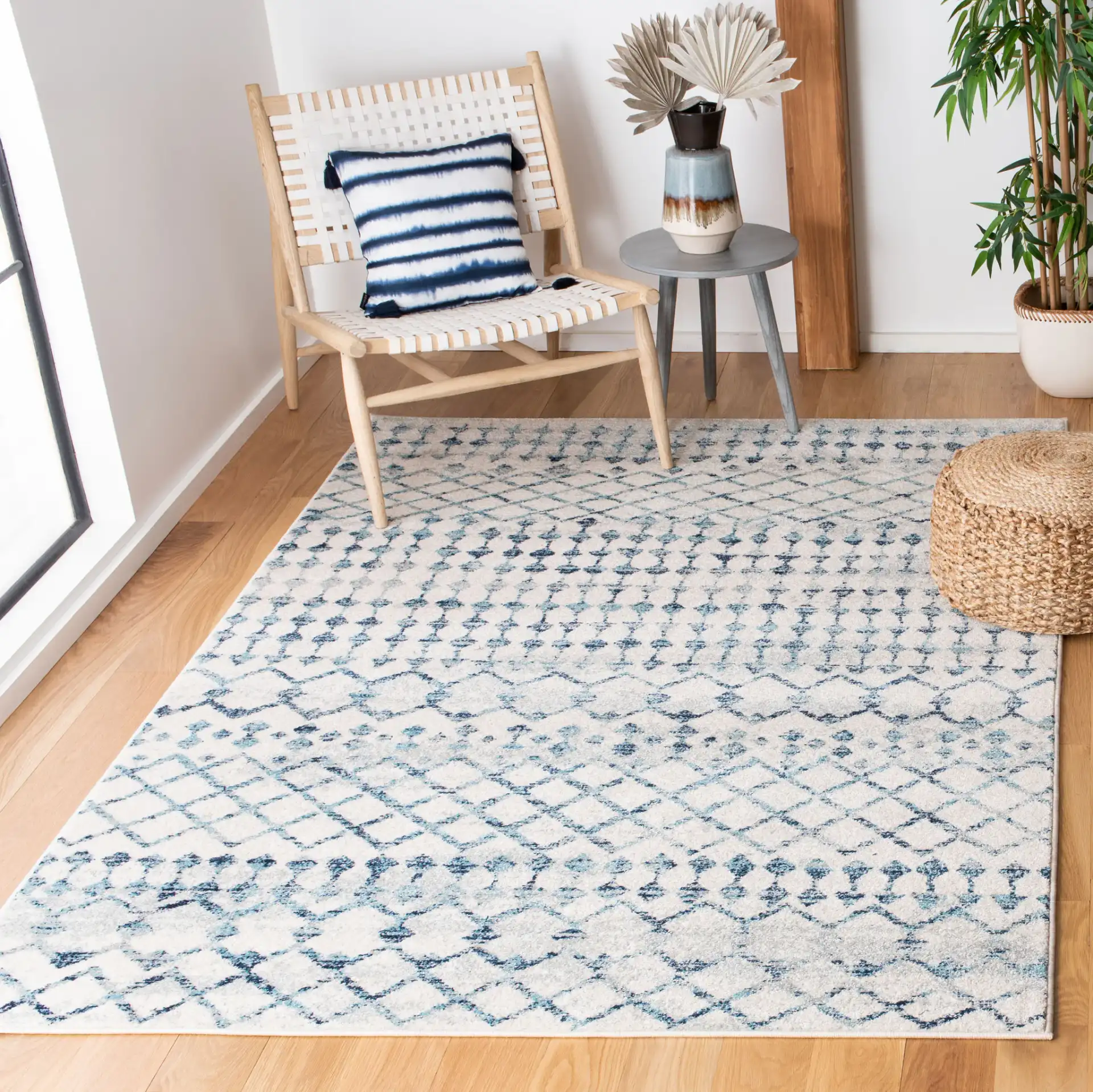Mercer Lattice Band Rug in Ivory / Turquoise in a styled room