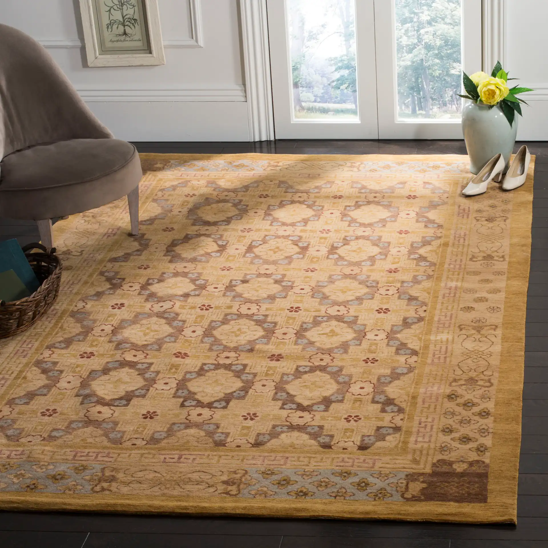 Marrakesh Tile Hand-Knotted Wool Rug in Gold / Light Blue in a styled room