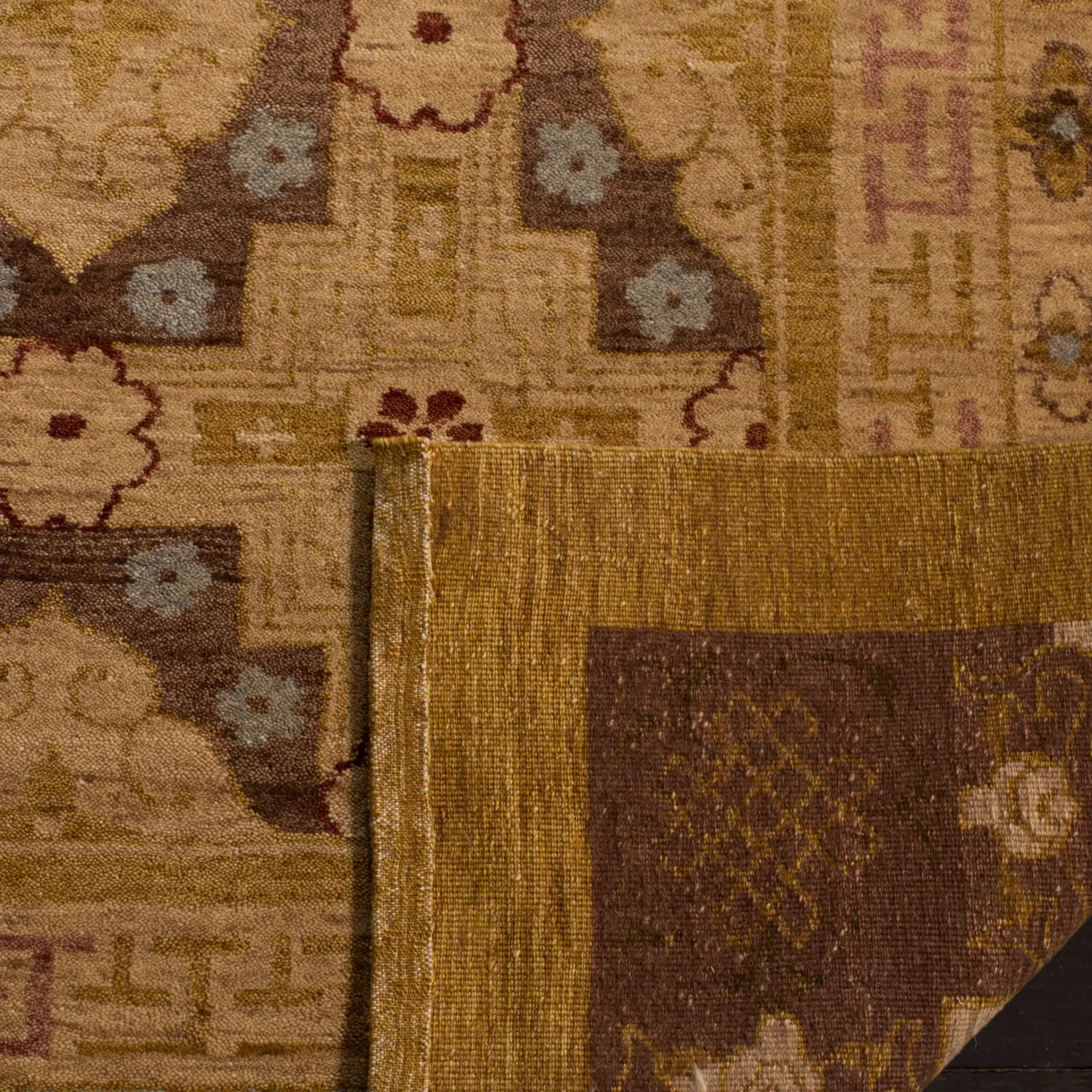 Marrakesh Tile Hand-Knotted Wool Rug in Gold / Light Blue in a styled room