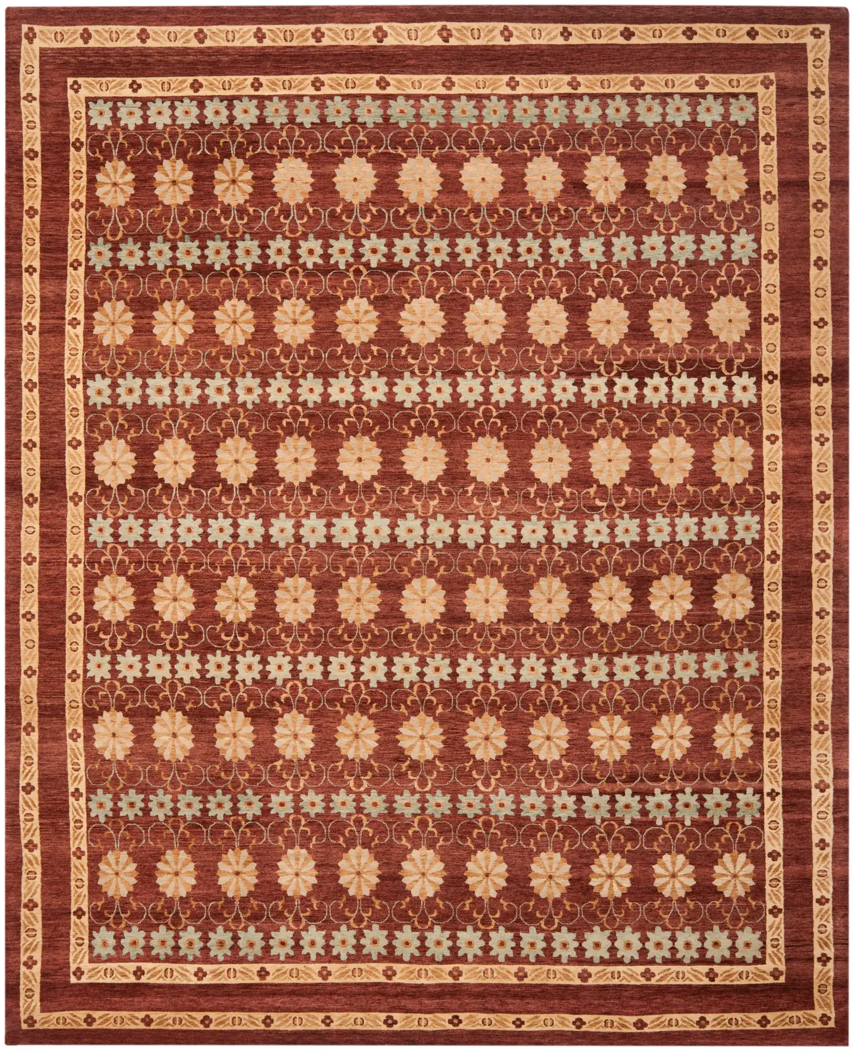 Marrakesh Banded Floral Hand-Knotted Wool Rug in Brown / Light Blue