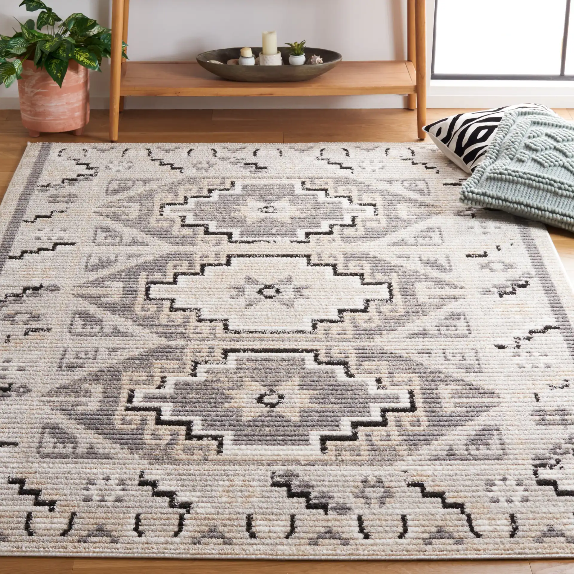 Marrakesh Southwestern Diamond Medallion Rug in Beige / Gray in a styled room