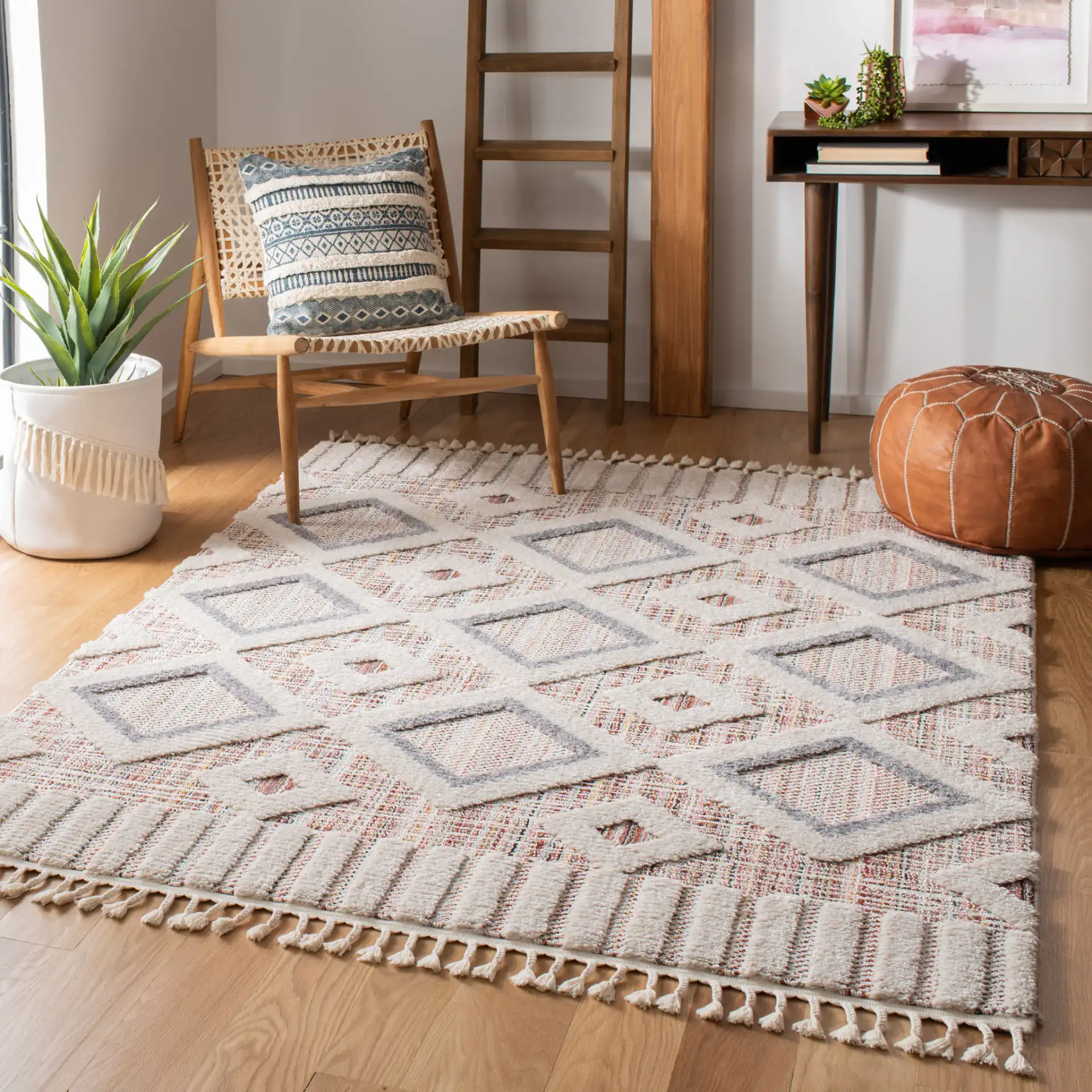 Marrakesh Diamond Grid Rug in Gray / Multicolor in a styled room