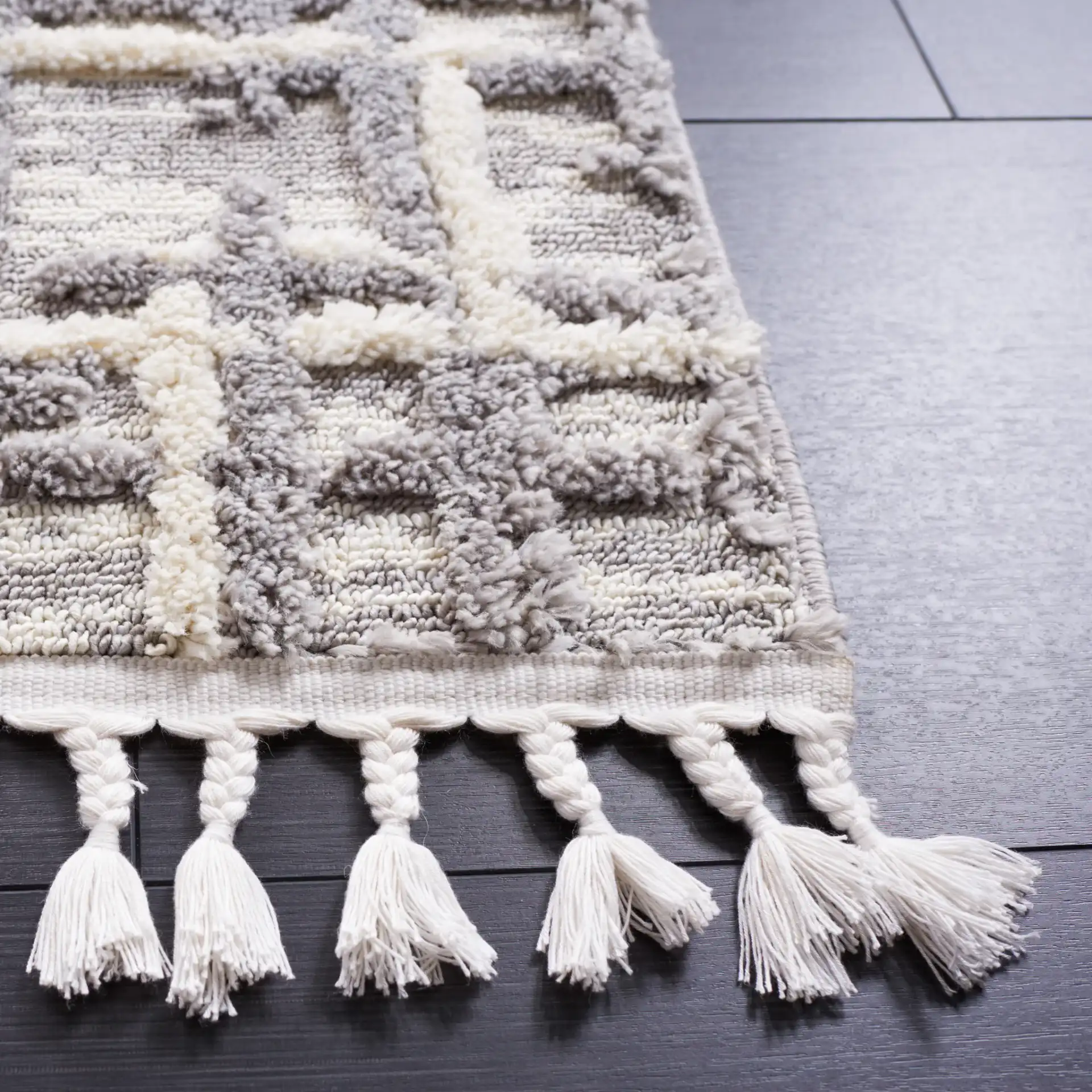 Marrakesh Abstract Grid Rug in Ivory / Dark Gray in a styled room