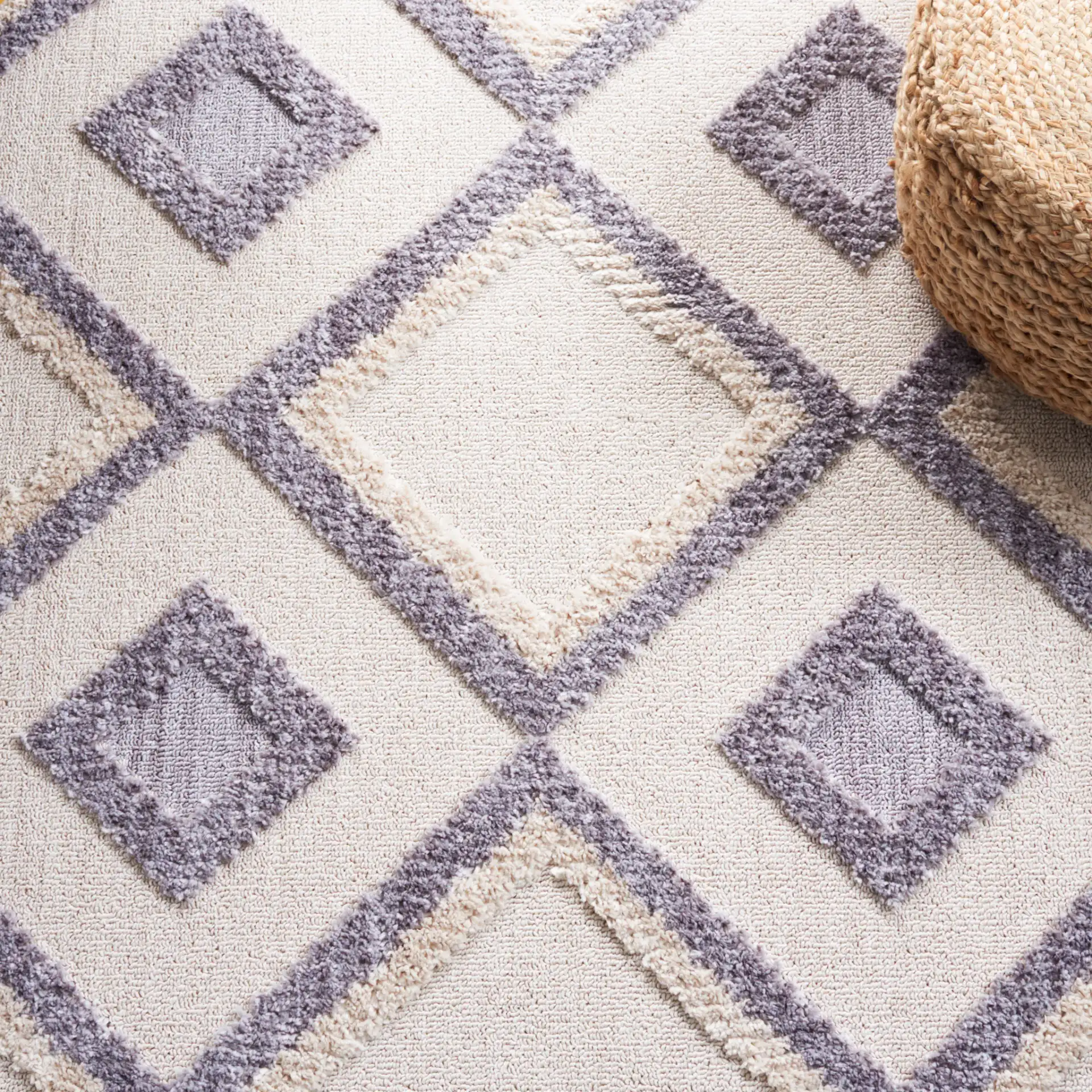 Marrakesh Nested Diamond Border Rug in Ivory / Gray in a styled room