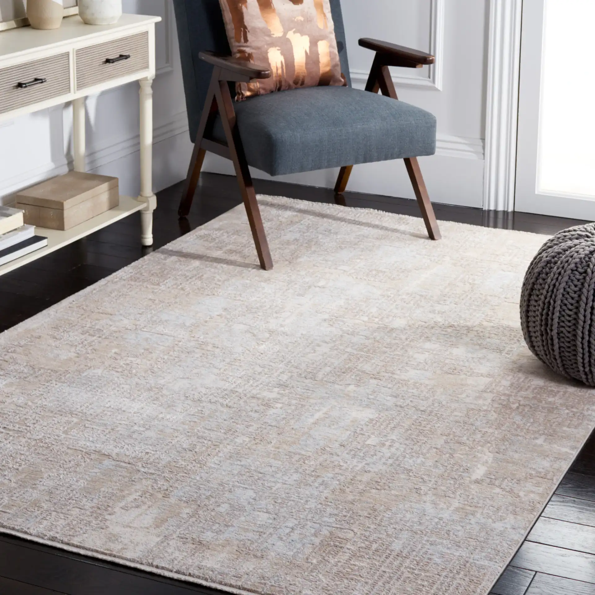 Marmara Abstract Grid Rug in Gray / Beige Blue in a styled room