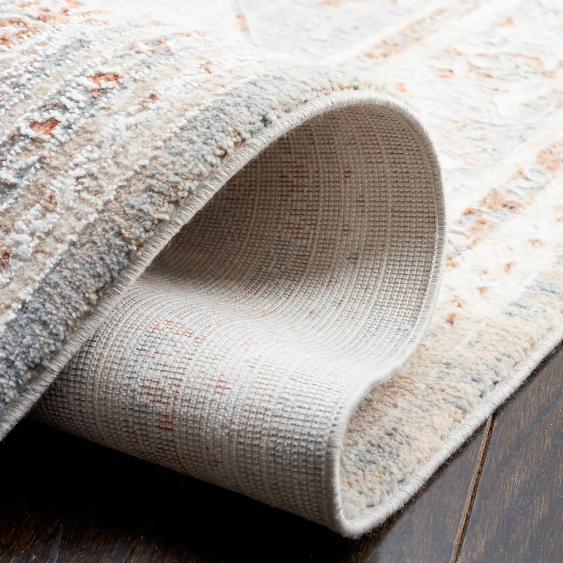 Marmara Medallion Bordered Rug in Beige / Blue Rust in a styled room