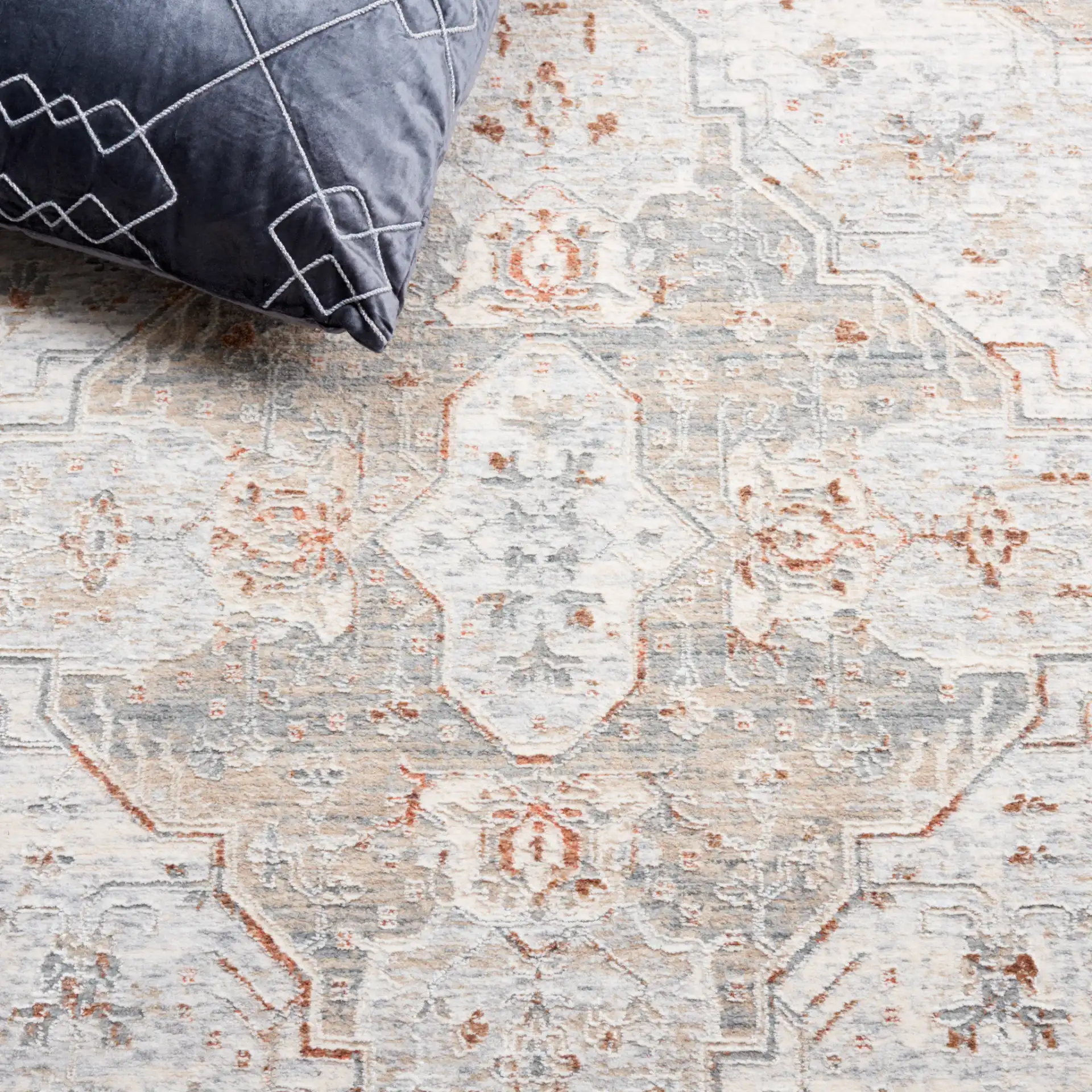 Marmara Medallion Bordered Rug in Beige / Blue Rust in a styled room