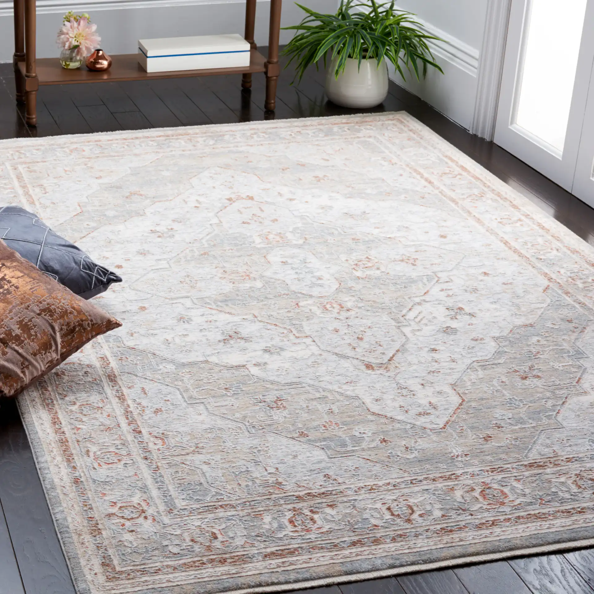 Marmara Medallion Bordered Rug in Beige / Blue Rust in a styled room
