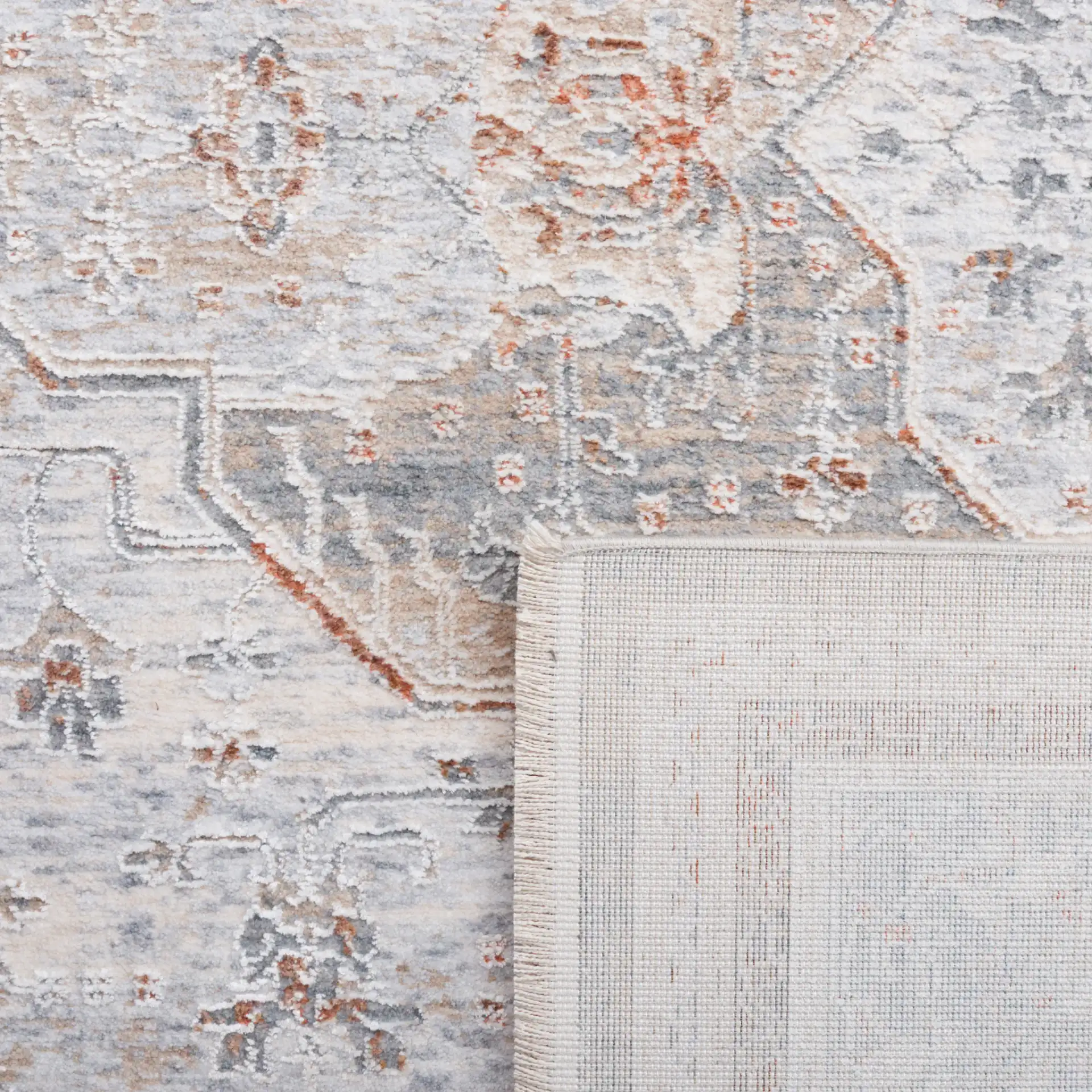 Marmara Medallion Bordered Rug in Beige / Blue Rust in a styled room