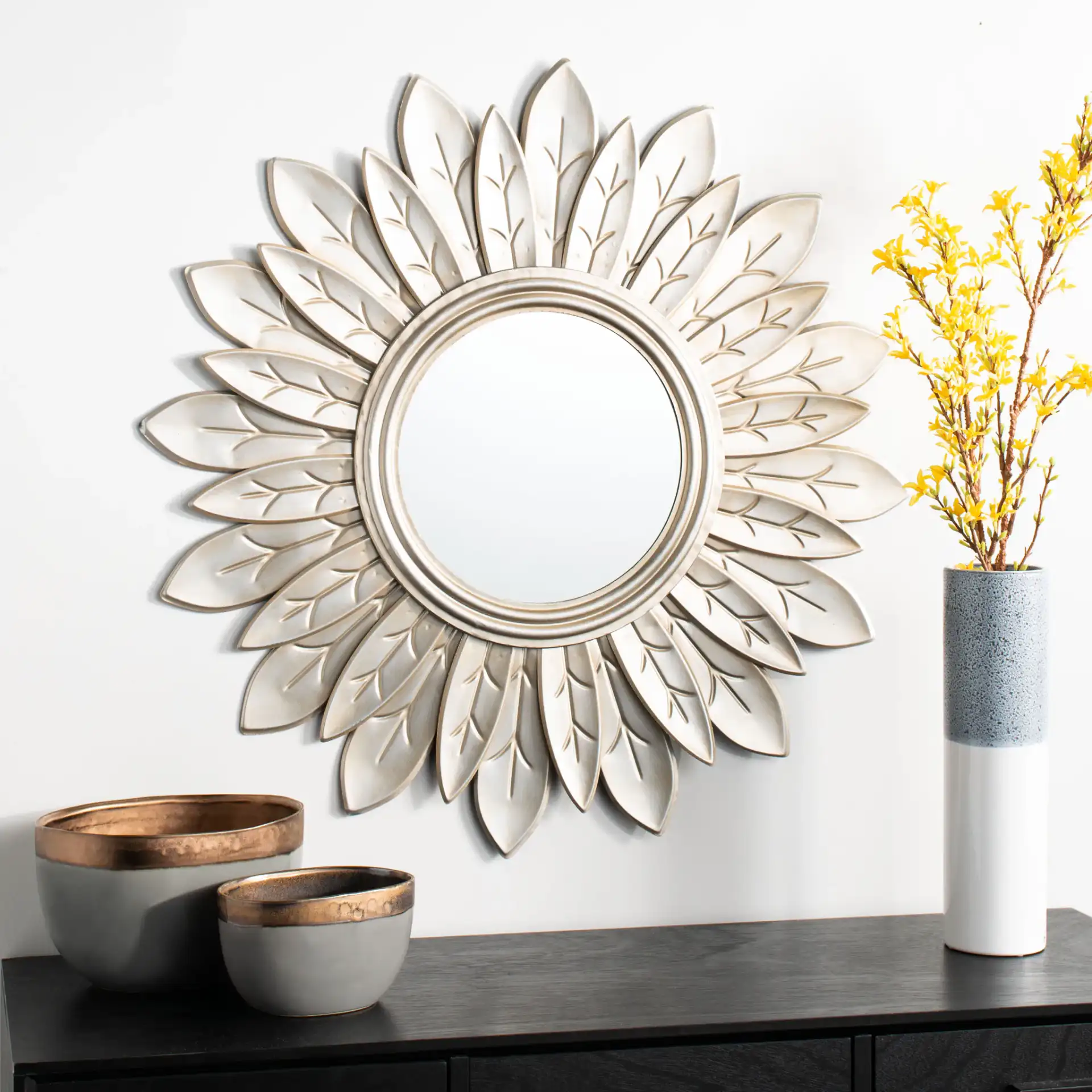 Alba Sunburst Mirror in Champagne in a styled room