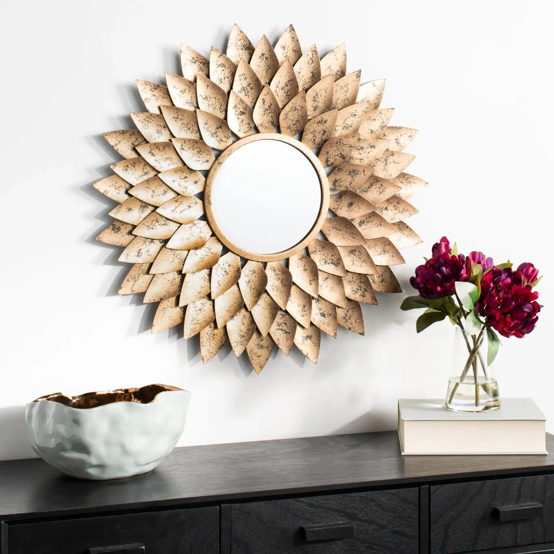 Lana Sunburst Mirror in Gold in a styled room