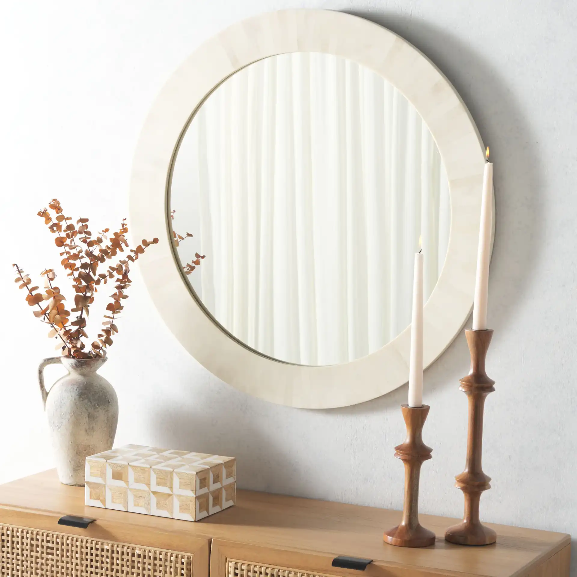 Sabi Mirror in Antique Ivory / Faux Bone in a styled room
