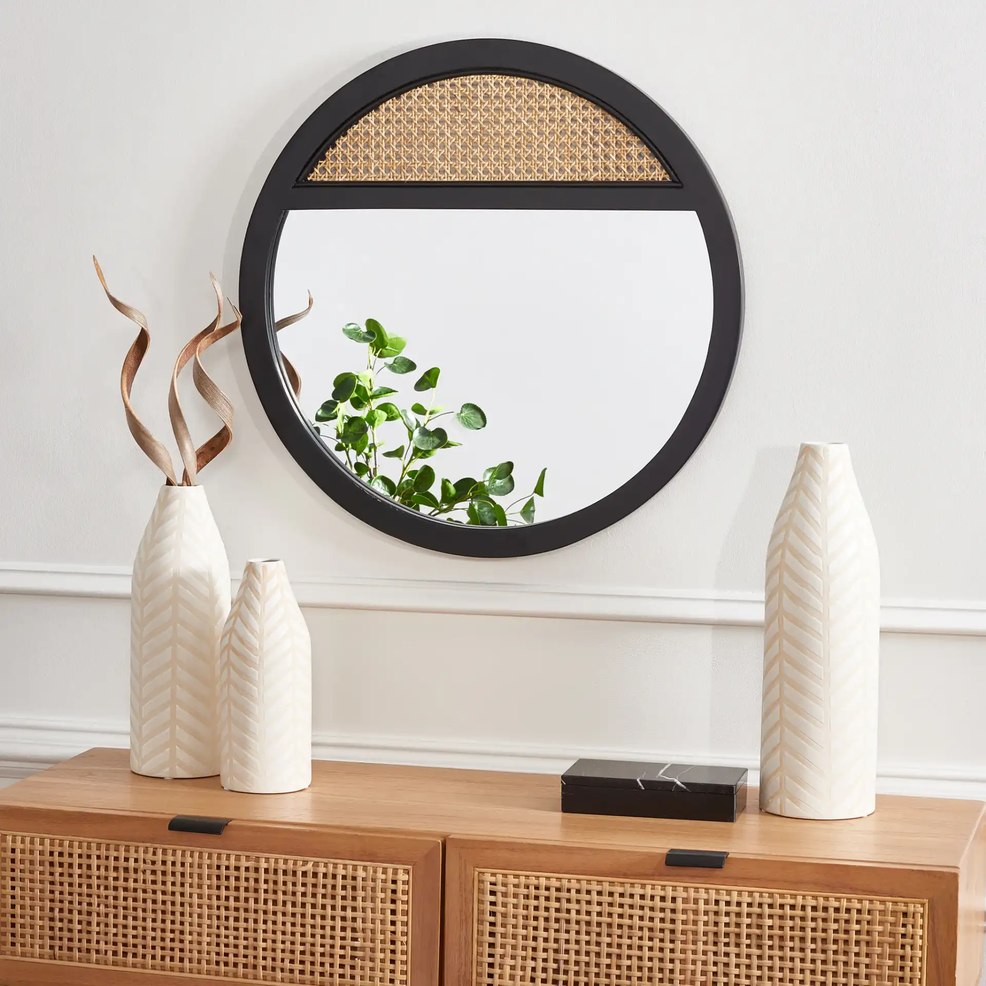 Deonna Mirror in Black / Natural in a styled room