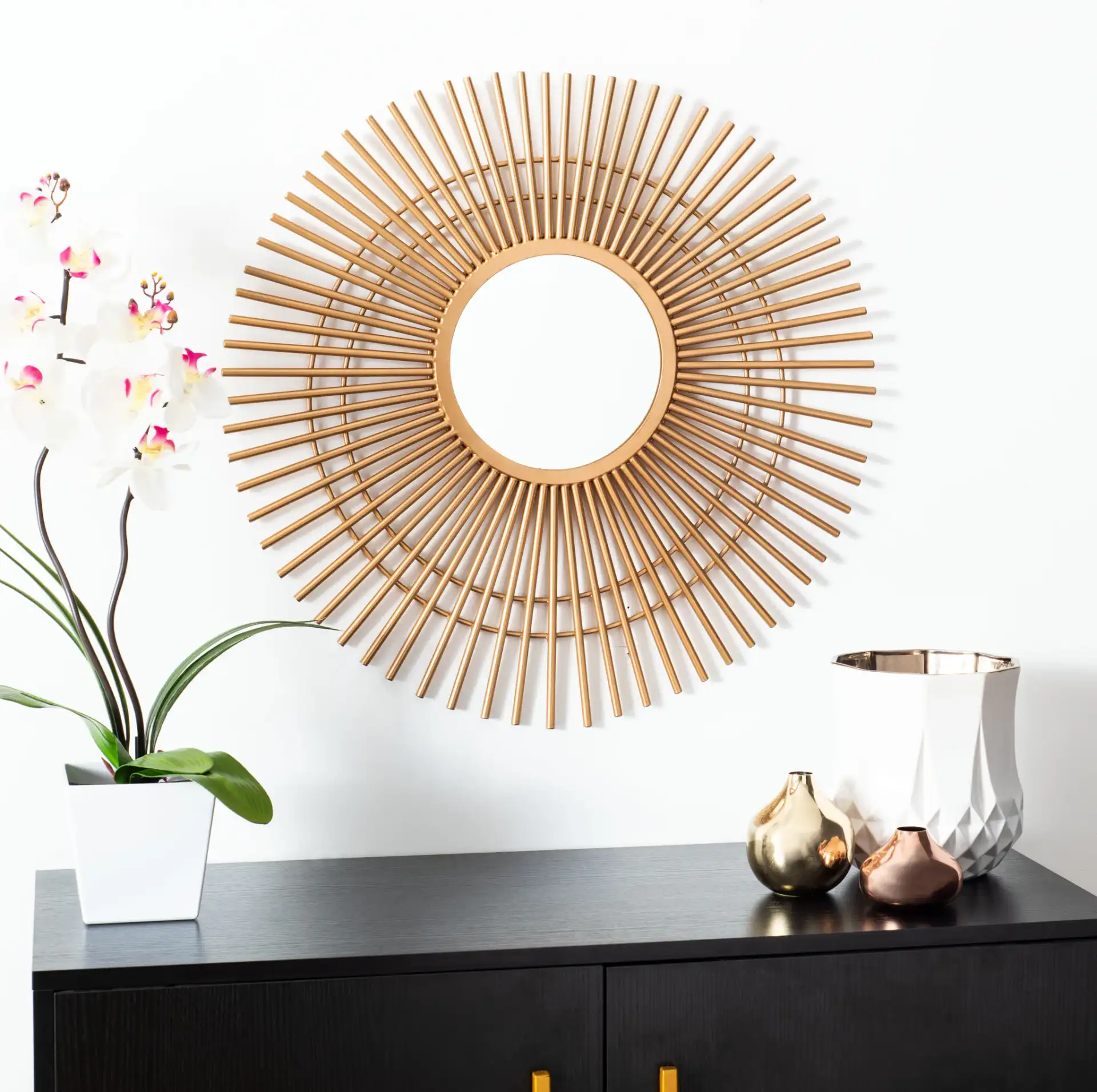 Marlit Mirror in Gold in a styled room