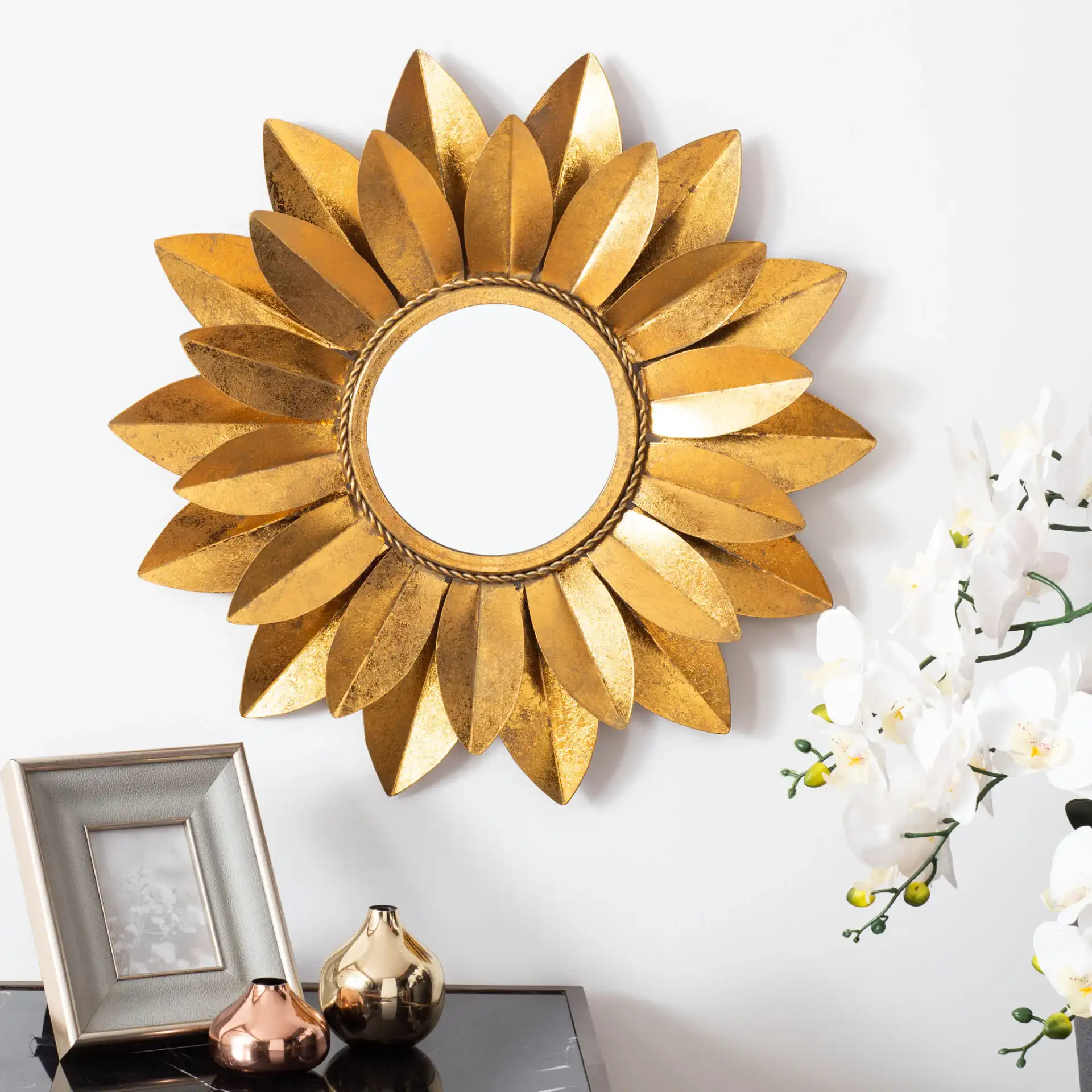 Larcen Mirror in Gold Foil in a styled room