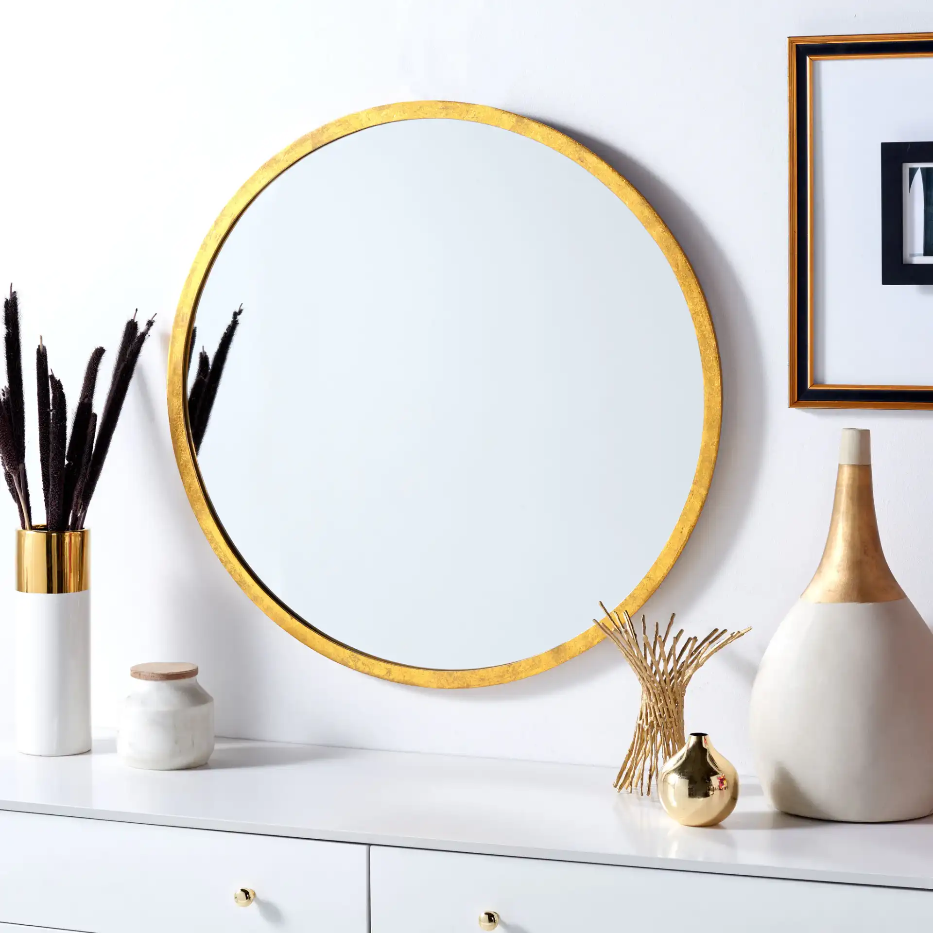 Adric 30-Inch Mirror in Gold Foil in a styled room