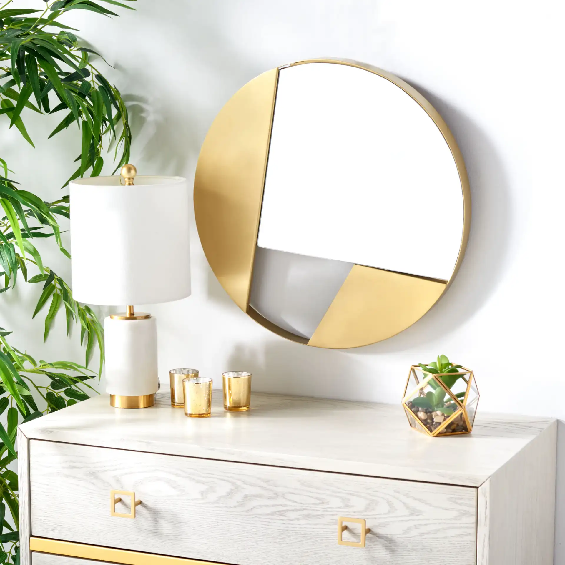 Bryley 20-Inch Mirror in Brushed Brass in a styled room