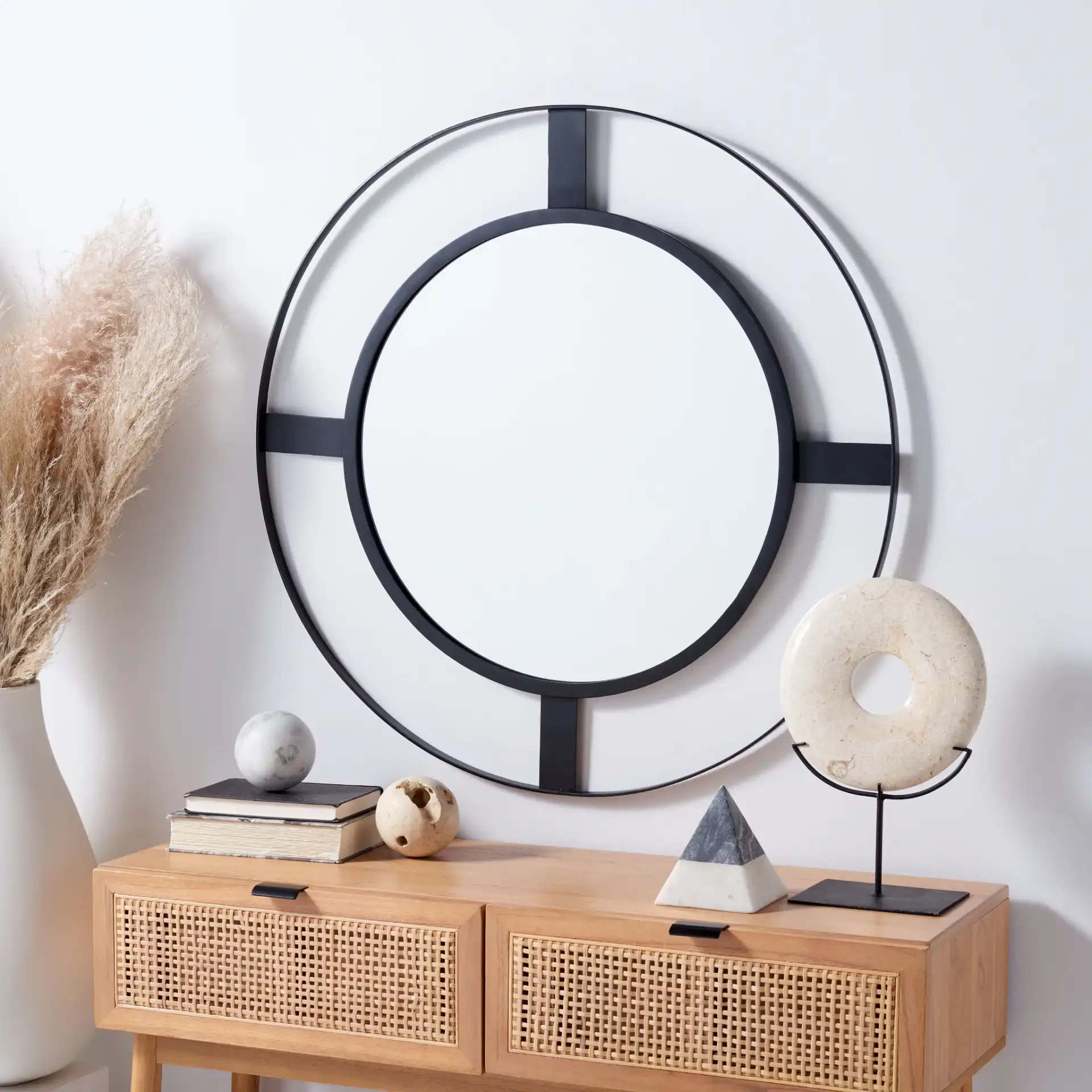 Kirina 34-Inch Mirror in Black Matte in a styled room