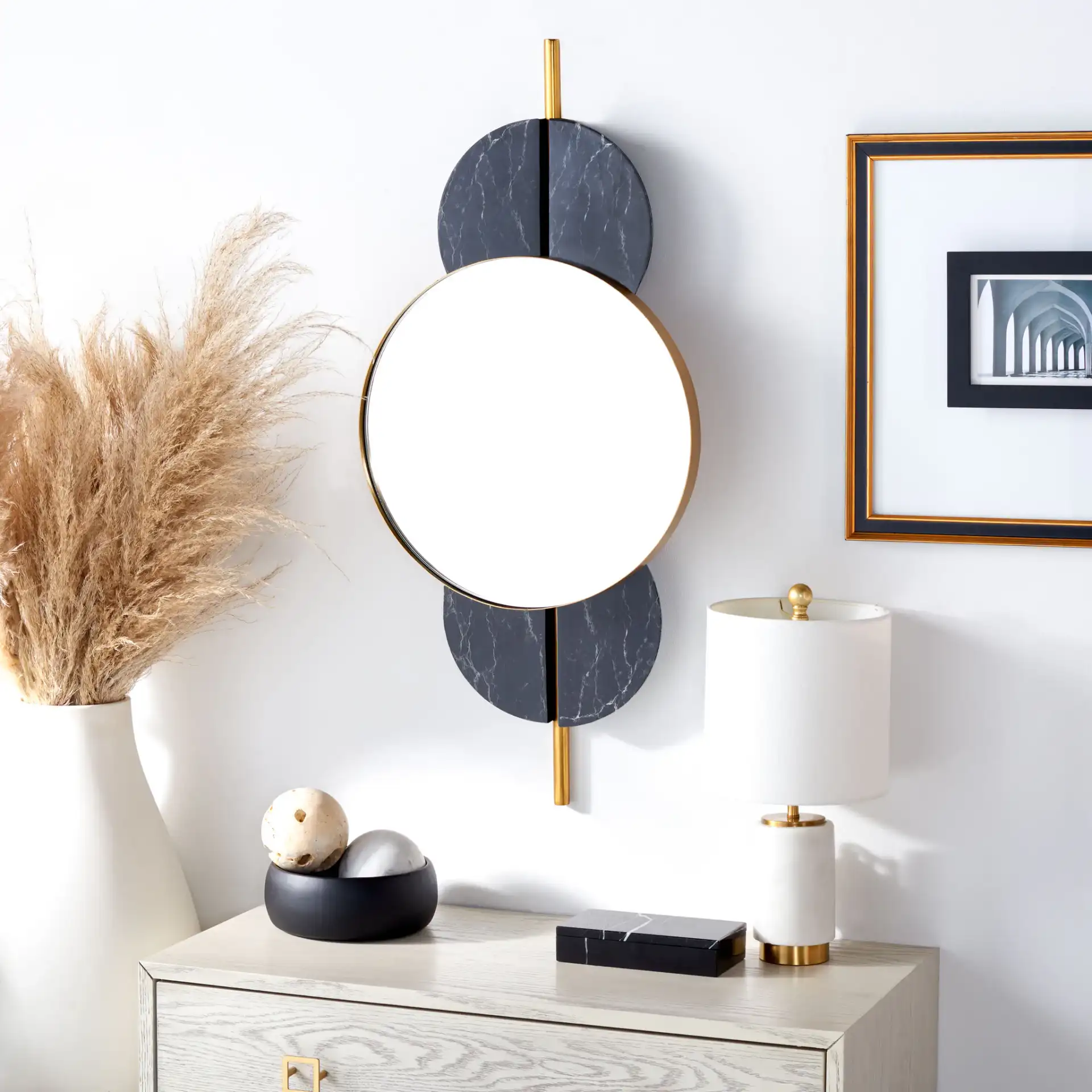 Lavelle 16-Inch Mirror in Gold in a styled room