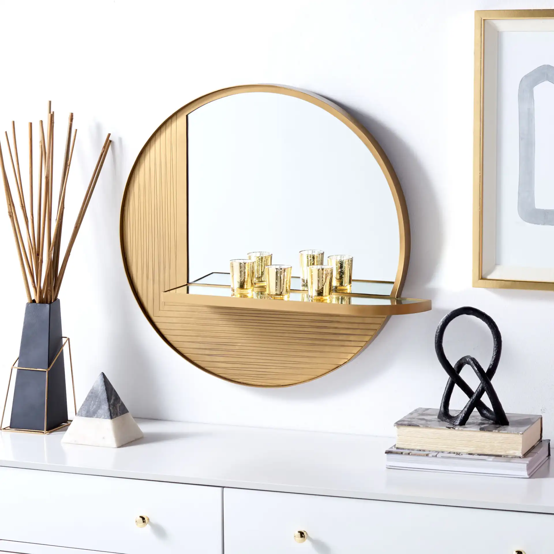 Maileen 24-Inch Mirror in Antique Brass in a styled room