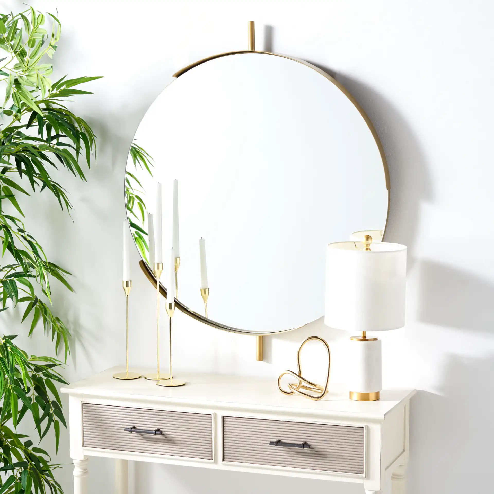 Orford 30" Mirror in Brushed Brass in a styled room