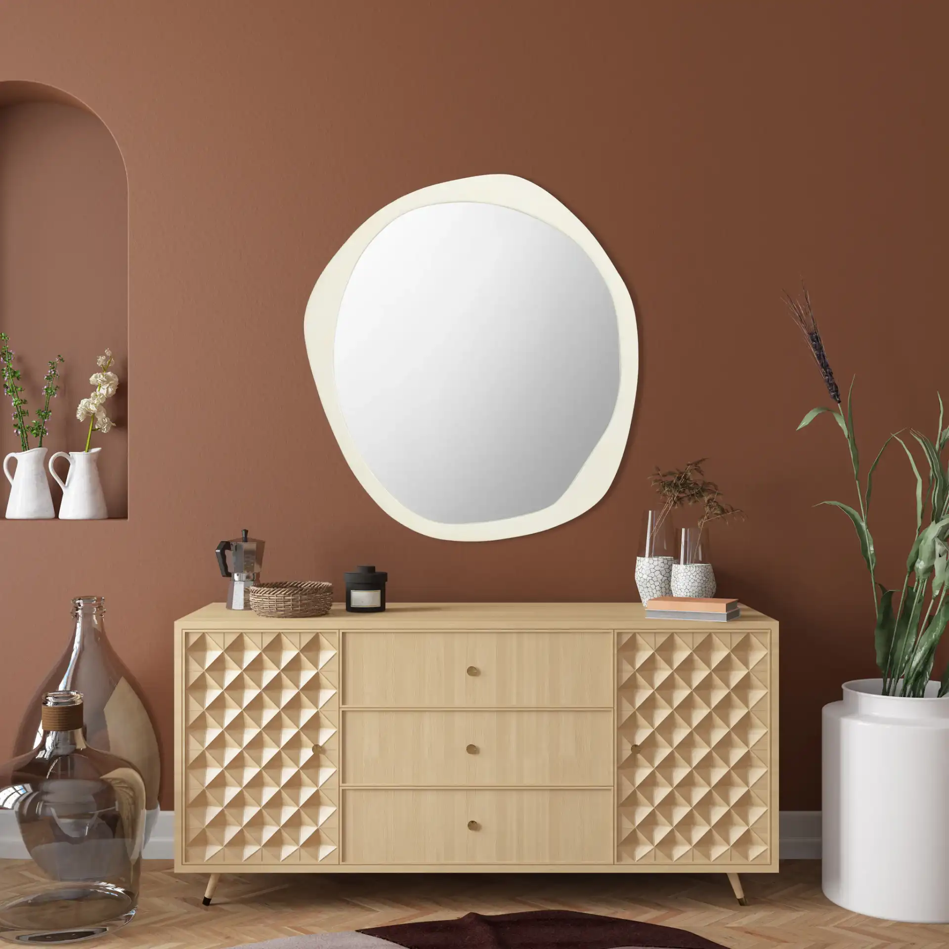 Rafla 29-Inch Mirror in Ivory in a styled room