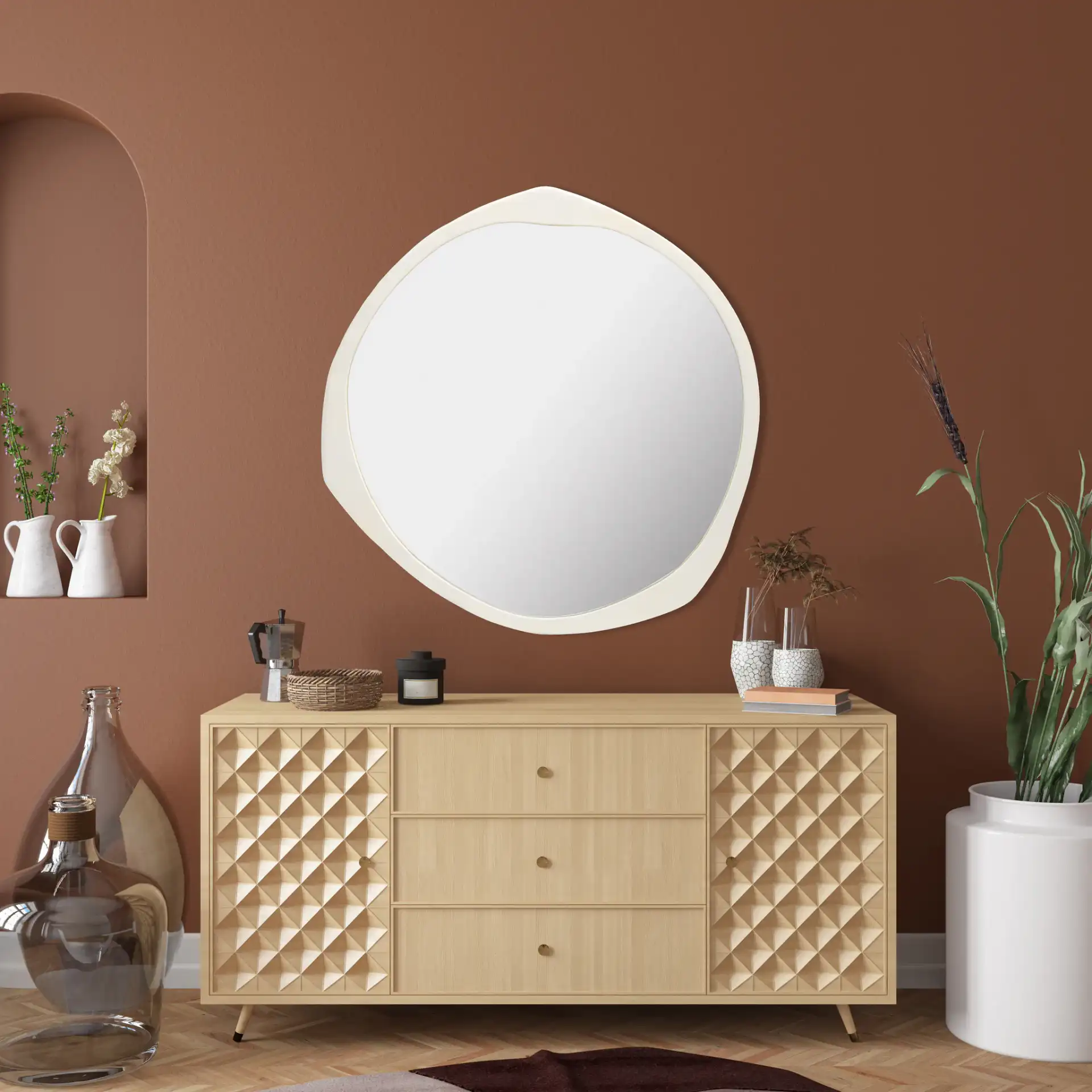 Sayori Mirror in Ivory in a styled room