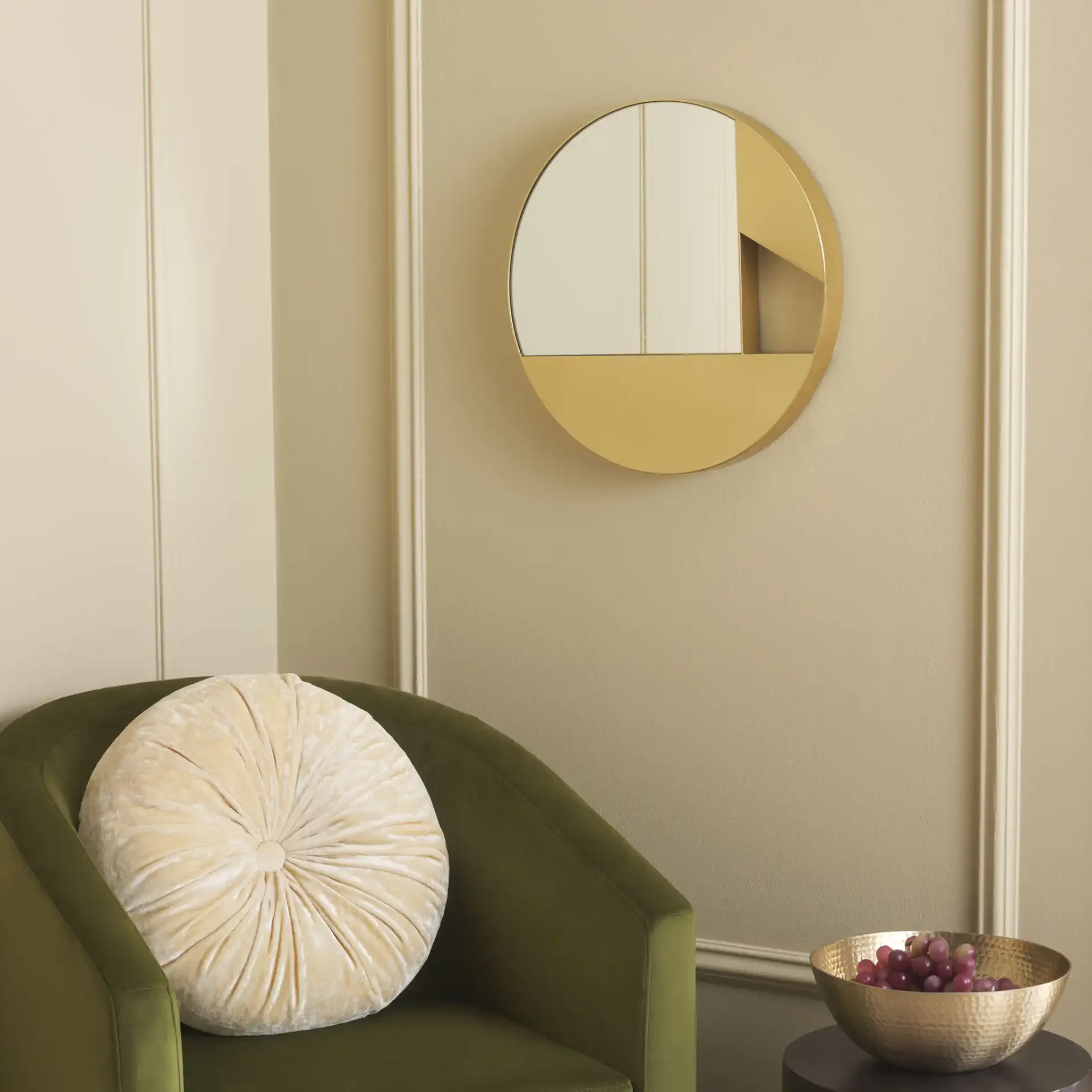 Essa 16-Inch Mirror in Gold in a styled room